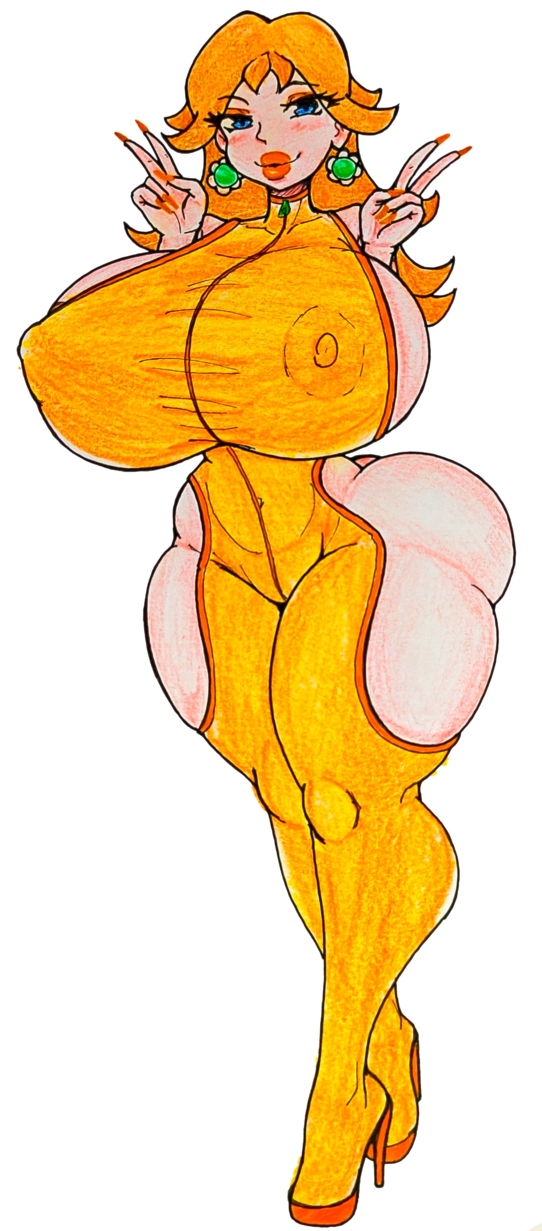 absurdres, alternate breast size, bimbo, bimbo lips, bimbofication, blue eyes, bodysuit, breasts, brown hair, female, gaixas1, gaixas1draw, grabbing another's breast, grabbing own breast, grin, groping, highres, large breasts, legs, looking at viewer, mario (series), navel, nintendo, princess, princess daisy, short hair, smile, solo, super mario land, thick thighs, thighs, toned, topwear