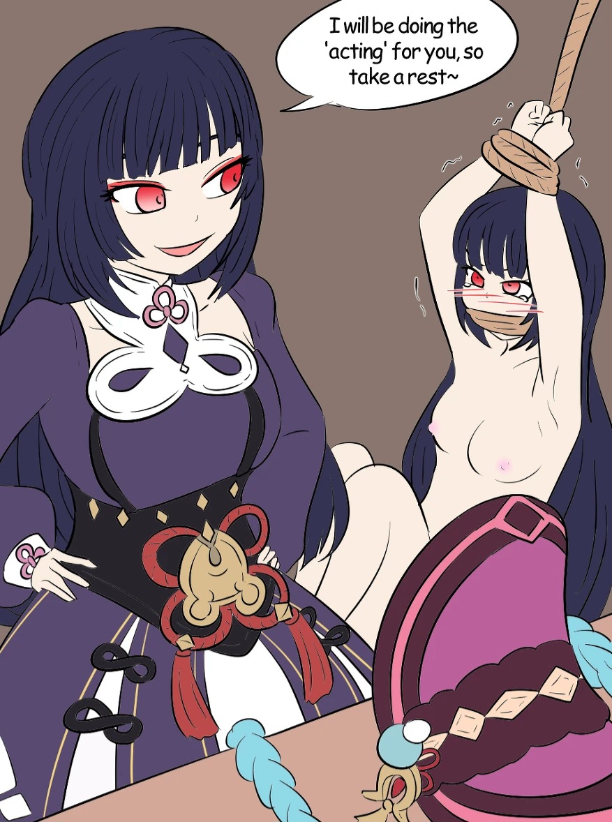 blush bondage clone cloth_gag doppleganger evil_smile genshin_impact naked yun_jin_(genshin_impact)
