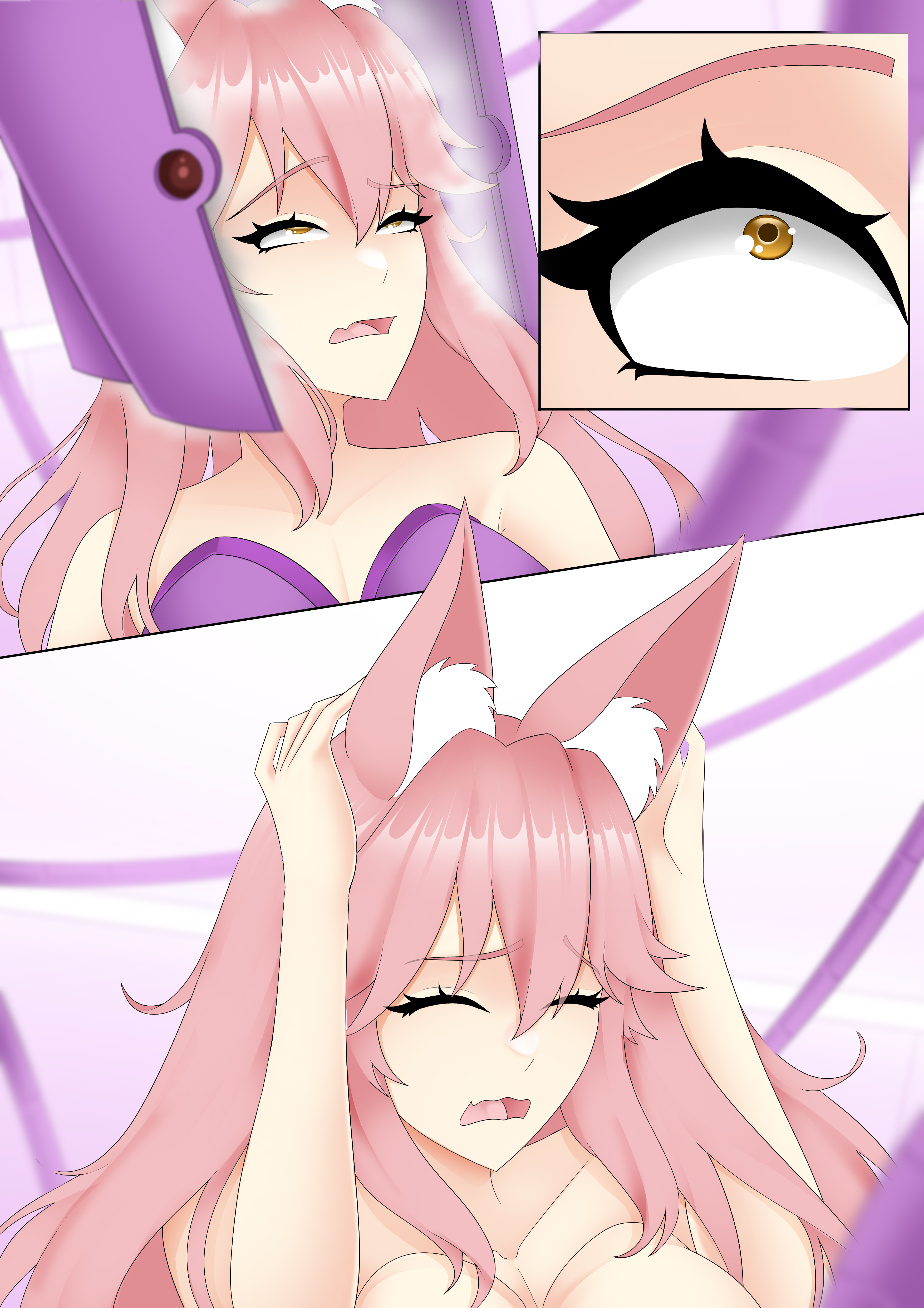 ass, assimilation, brainwashed, breasts, cat ears, enemy conversion, fake breasts, fate (series), fate/grand order, female, jesscatg, koyanskaya (assassin), koyanskaya (fate), large ass, large breasts, pink hair, twinning, yellow eyes