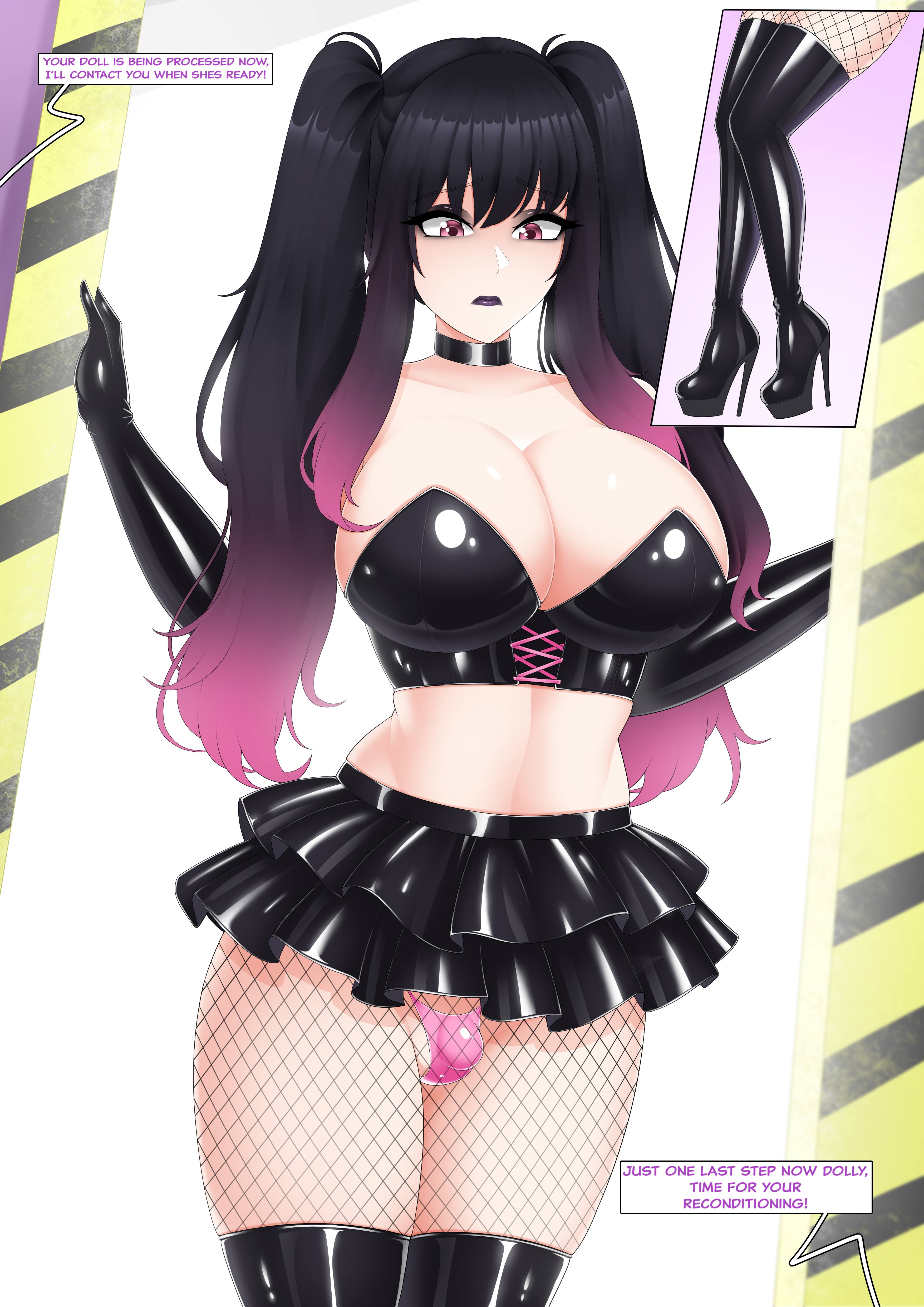 black eyeshadow, black hair, black lipstick, black makeup, boots, chastity, chastity cage, english text, eyeshadow, feminization, fishnets, futa, goth (jesscatg), goth makeup, jesscatg, latex, latex clothing, lipstick, makeup, miniskirt, molly (jesscatg), pigtails, rubber, rubber clothing, shiny clothes, sissy, sissyfication, skirt, solo, text, thigh boots, thighhighs, trans, transformation