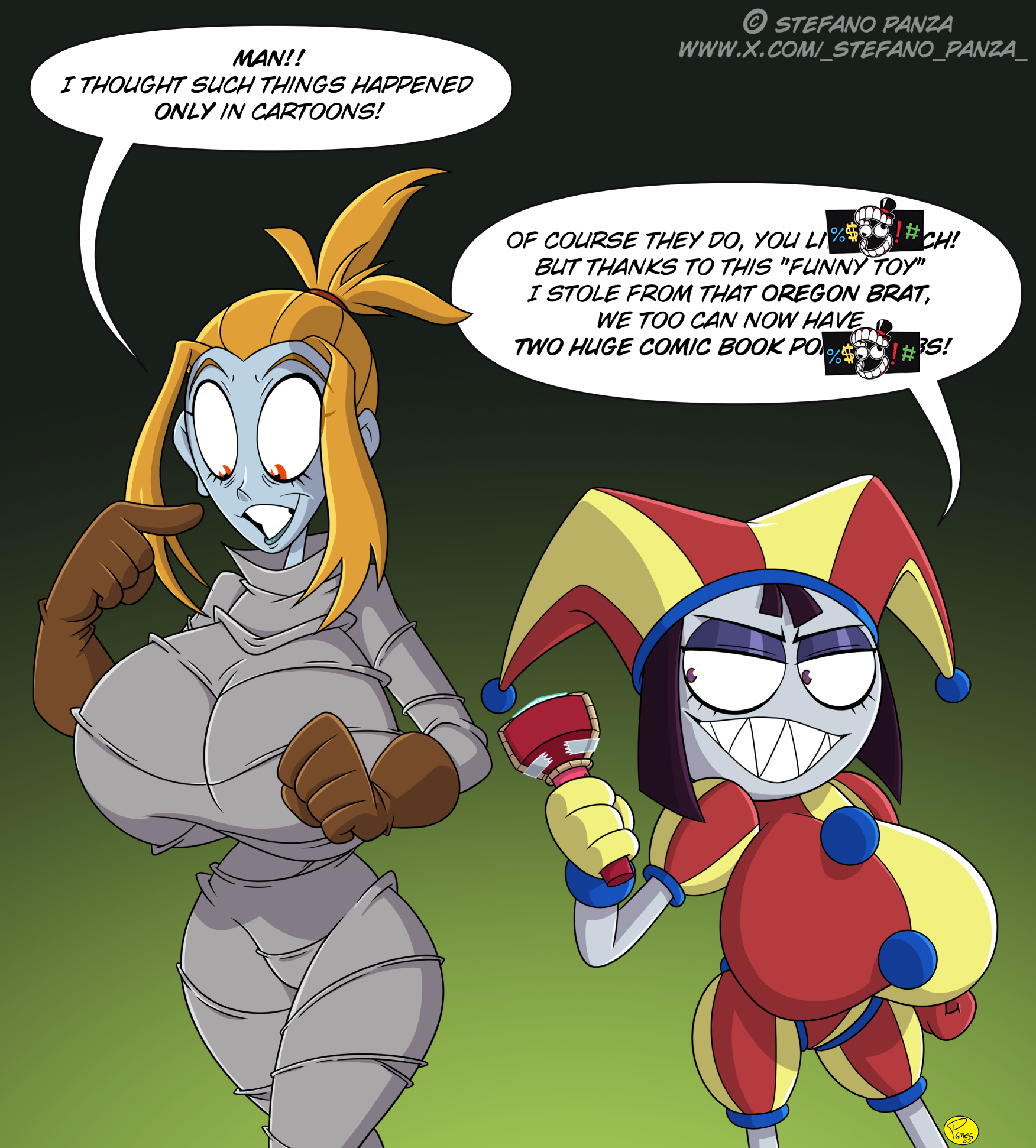2girls, accurate art style, big breasts, breasts, brown hair, crystal flashlight, dialogue, evil pomni (the amazing digital circus), female, female only, glitch productions, gravity falls, ilpanza, jester outfit, melancholy (the gaslight district), melancholy hill, mummy wrappings, orange hair, pale skin, pomni (the amazing digital circus), sharp teeth, the amazing digital circus, the gaslight district
