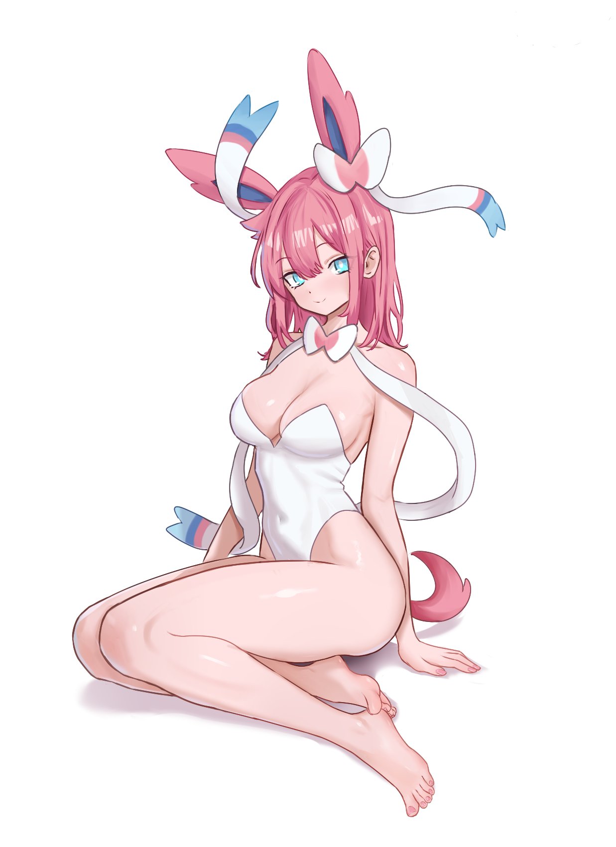 animal ears, barefoot, blue eyes, feet, female, gen 6 pokemon, highres, humanization, leotard, long hair, looking at viewer, nihu, nintendo, pink hair, pokemon, smile, soles, sylveon, toes