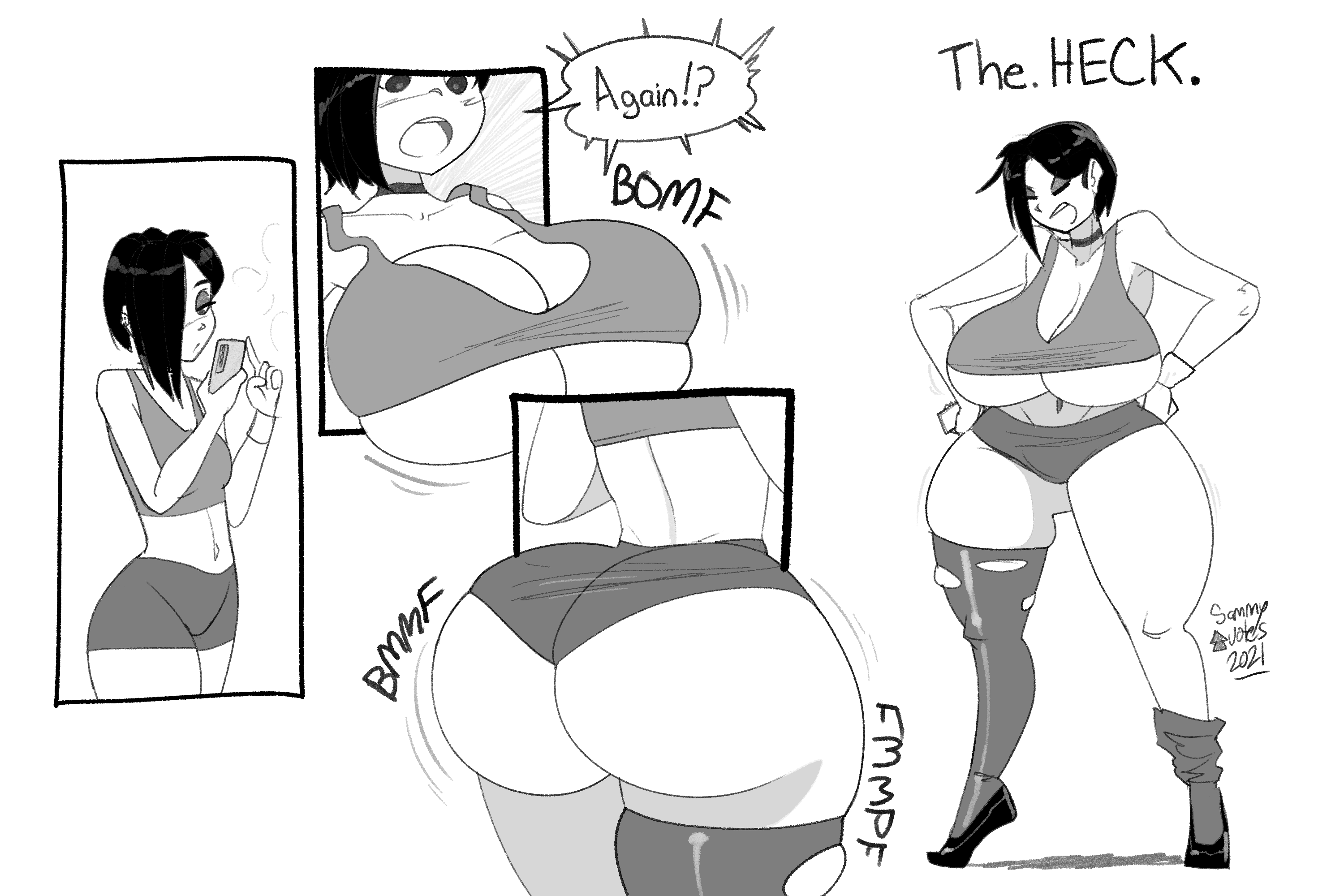 2021, ass expansion, black hair, breast expansion, breast growth, breast growth (enlargement), breasts, breasts bigger than head, bursting breasts, expansion, female, gigantic ass, gigantic breasts, gigantic butt, gigantic thighs, goth, growth, growth drive, growth sequence, monochrome, no bra, sammyupvote, tagme, thigh expansion, torn clothes, wardrobe malfunction