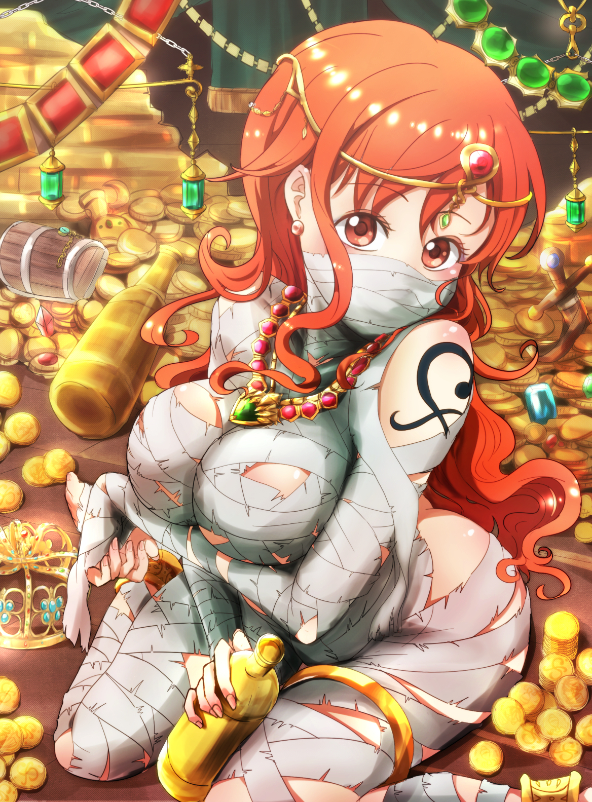 1girls, arm tattoo, ass, bandages, black hair, black-haired female, blue tattoo, blush, body blush, bottle, breasts, circlet, cleavage, closed mouth, coin, covered breasts, crown, earrings, eyebrows visible through hair, female, female only, gem, gold, gold bar, high resolution, himaneko, hips, holding, jewelry, kneeling, large breasts, legs, long hair, looking at viewer, money, mummification, mummy, nail polish, nami (one piece), necklace, one piece, orange eyes, orange hair, orange-haired female, sitting, smile, solo, stud earrings, sword, tattoo, thighs, tiara, treasure chest, very long hair, wariza, weapon