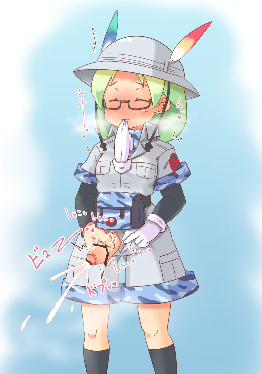 blush bucket_hat closed_eyes clothed_masturbation clothing cum ejaculation female futanari glasses gloves green_hair hat hat_feather highres intersex japari_symbol kemono_friends long_hair masturbation mirai_(kemono_friends) mouth_hold penis shorts sweat text translation_request vita_minmi