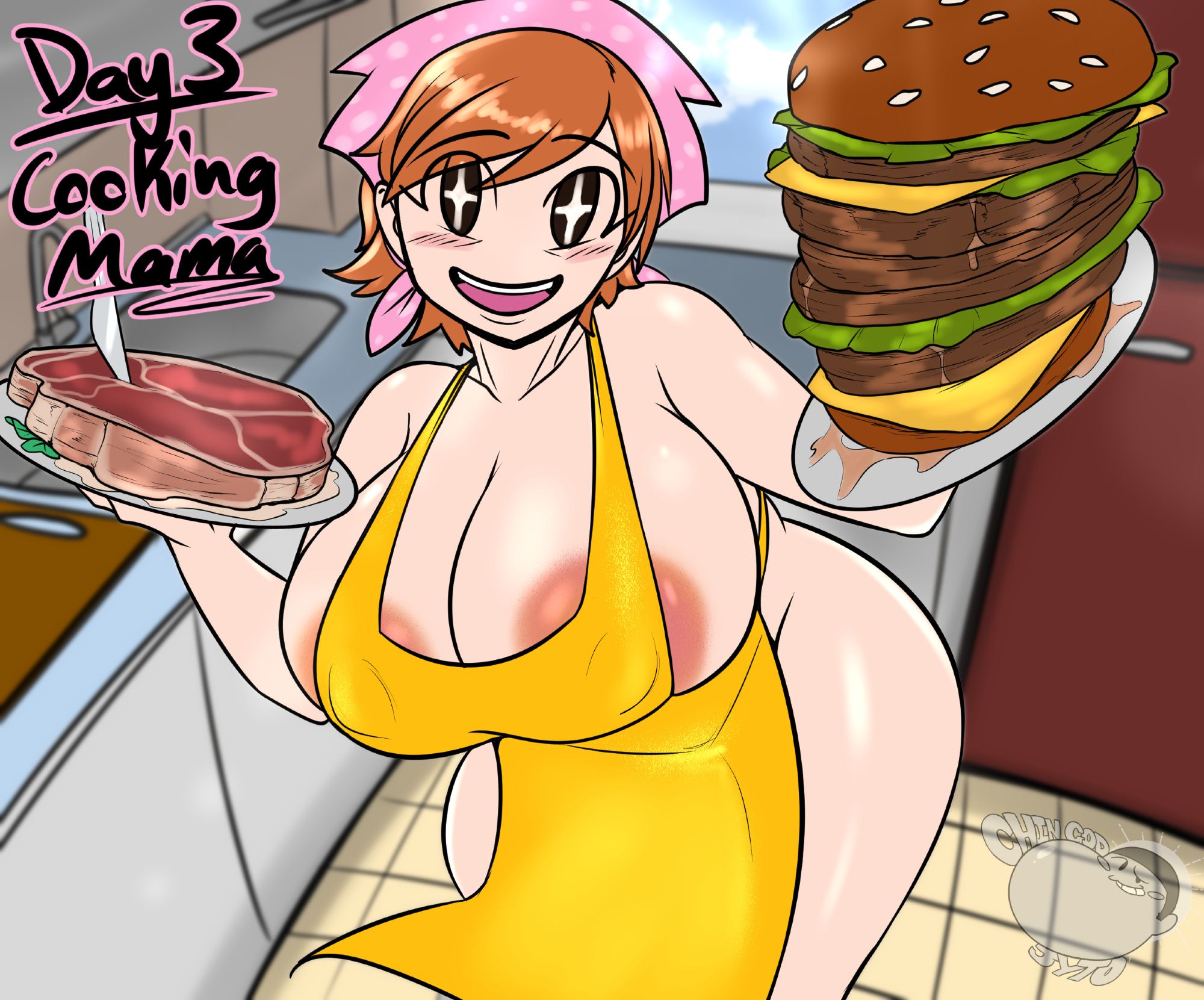 1girl, 1girls, apron, breasts, burger, cooking mama, female, jyto, mama (cooking mama), milf, nude, tagme