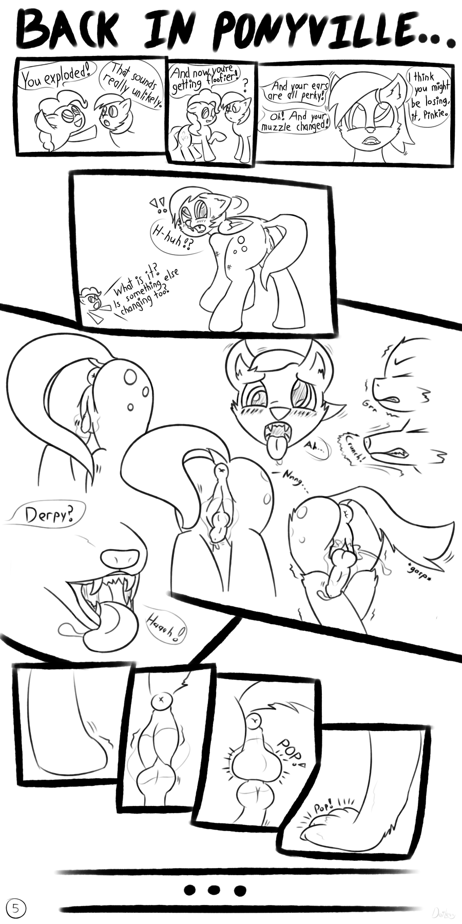 canine comic dailevy derpy_hooves english_text equine female friendship_is_magic ftm_transformation gender_transformation horse male mammal my_little_pony page_5 penis pinkie_pie_(mlp) pony pussy straight straight_hair transformation