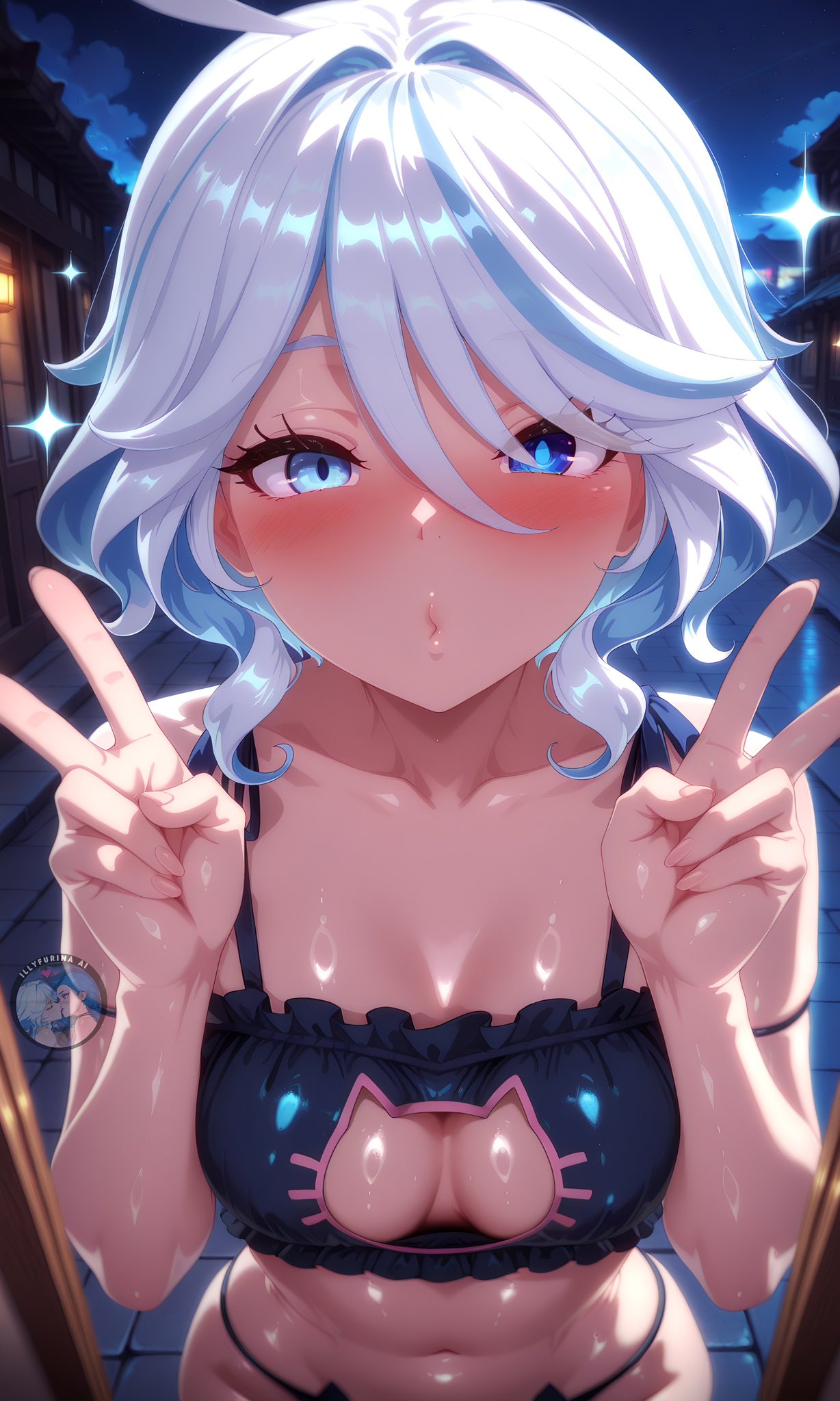 ai generated, bangs, bangs between eyes, blue eyes, blue hair, blush, breasts, breasts squeezed together, cat lingerie, cleavage, cute, cute expression, female, from above, furina (genshin impact), genshin impact, hands up, heterochromia, hoyoverse, illyfurina, looking at viewer, medium breasts, navel, panties, peace sign, peace symbol, pixai, puckered lips, seducing, seduction, seductive, seductive body, seductive eyes, seductive gaze, seductive look, seductive mouth, seductive pose, selfie, selfie pose, short hair, stable diffusion, standing, streaked hair, v-sign, waist, white hair