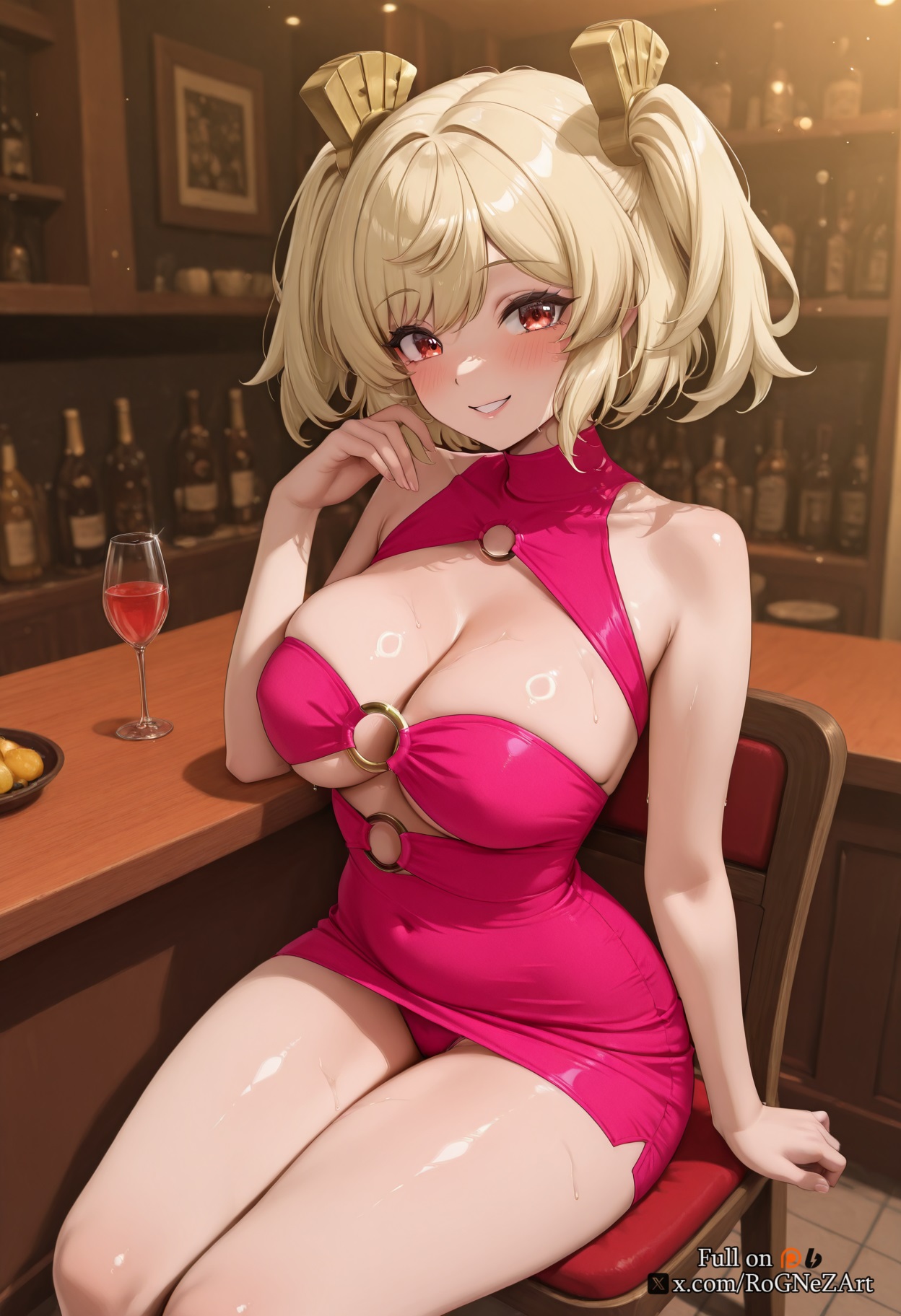 2025, ai generated, alcohol, bangs, bare shoulders, blonde hair, blush, bottle, breasts, burnice white, cleavage, covered navel, cup, dress, drinking glass, female, female focus, female only, grin, hair ornament, hoyoverse, indoors, large breasts, looking at viewer, microdress, mihoyo, o-ring, panties, pantyshot, pink dress, pink panties, red eyes, rognezart, short dress, short hair, sitting, smile, solo, sweat, thighs, tight dress, twintails, underwear, wine glass, zenless zone zero