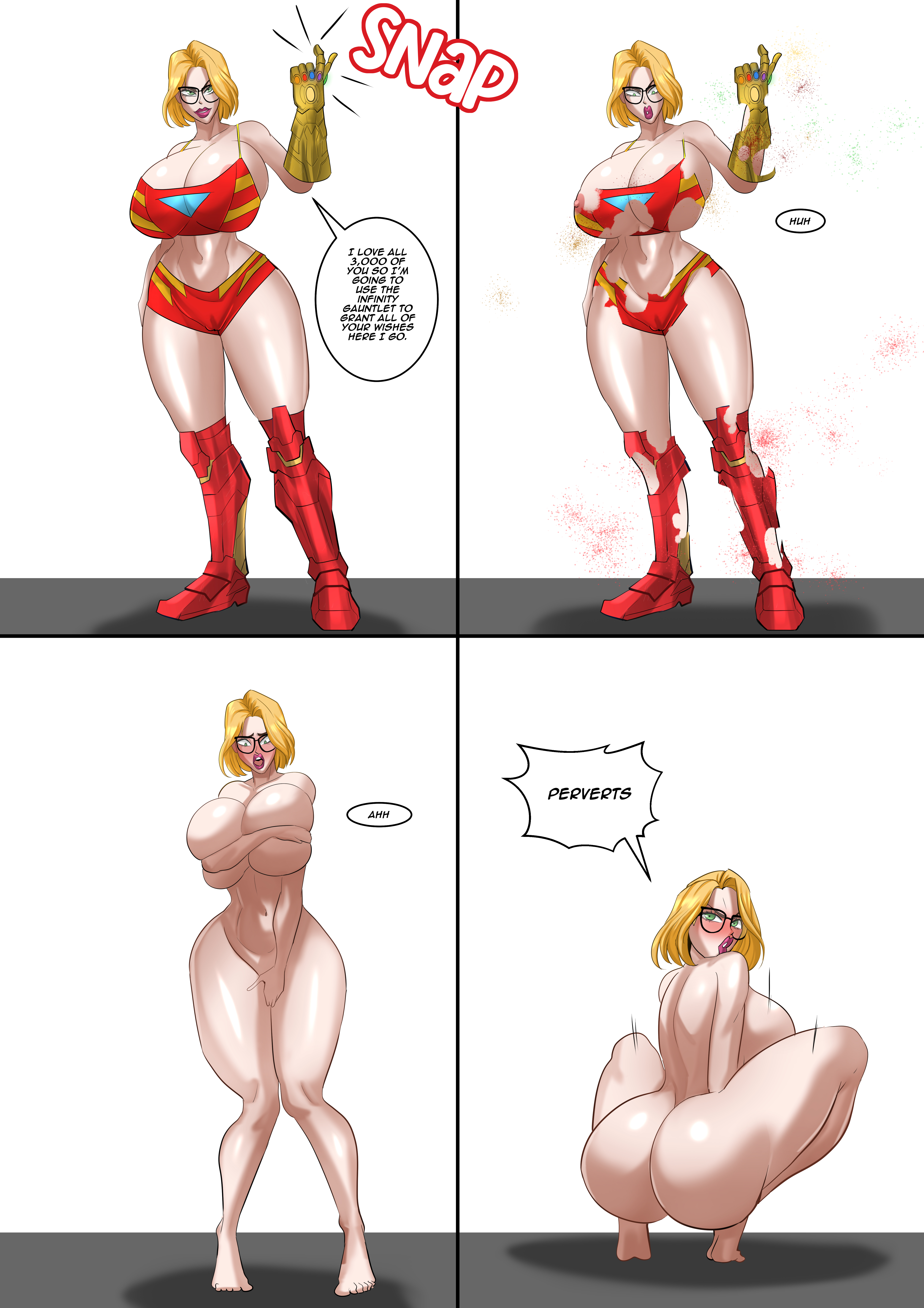 absolutely nothing on, angry, ass, big ass, big breasts, blonde hair, blush, blushing, breasts, classic enf pose, clothing disintegration, completely naked, completely nude, cosplay, covering, covering breasts, covering crotch, covering pussy, covering self, embarrassed, embarrassed nude female, enf, female, female only, glasses, green eyes, hiding breasts, hiding pussy, holly fox cox, hourglass figure, infinity gauntlet, iron man (cosplay), marvel, marvel comics, nude, nude female, original character, pussy, reality warping, short hair, suddenly naked, thick thighs, venomarts00, zstorys22