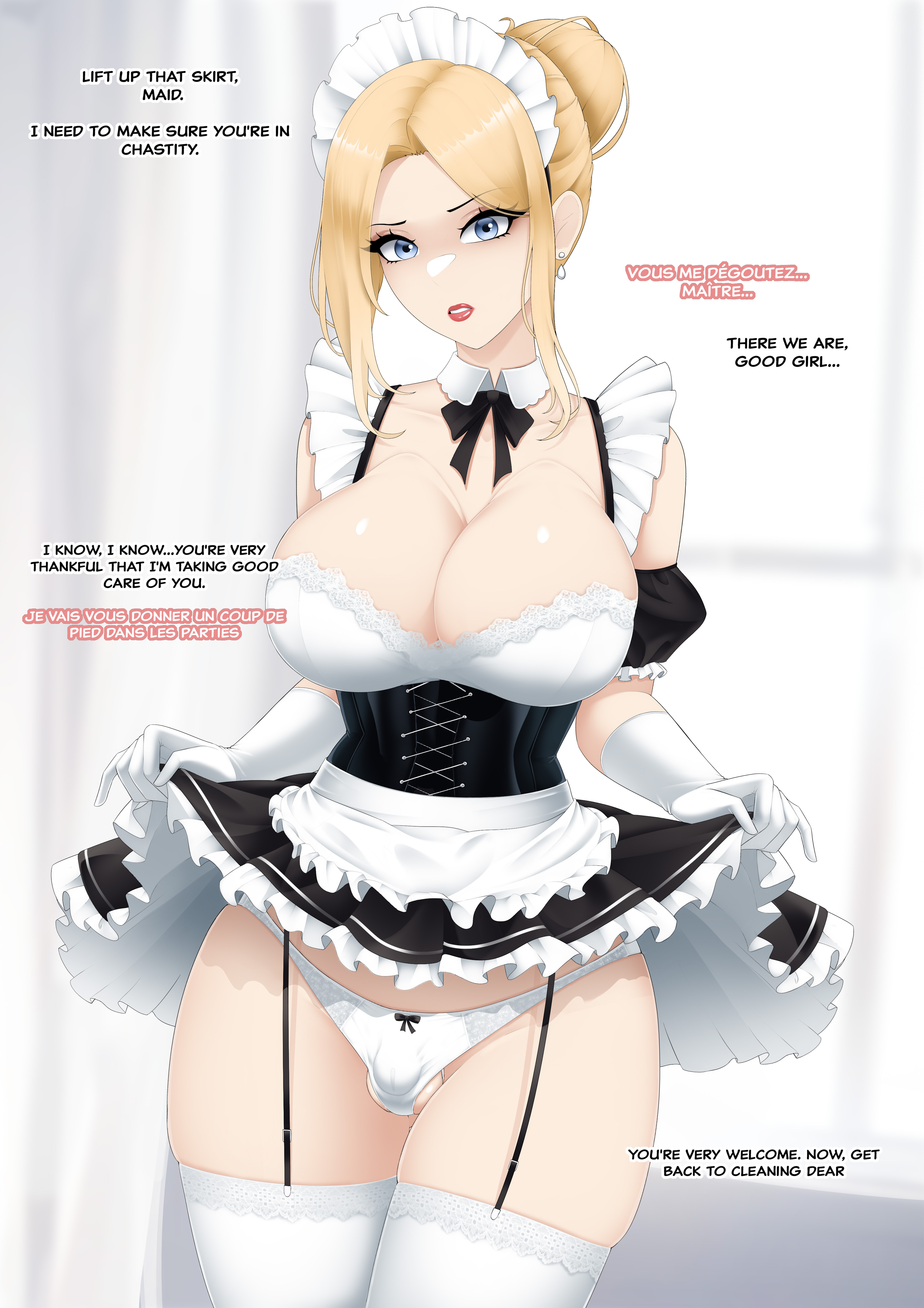 blonde hair, breasts, chastity, chastity cage, chastity device, english text, fake breasts, forgotten language, jesscatg, large breasts, looking at viewer, maid, maid headdress, maid uniform, male, sissy, sissyfication, solo, stockings, text, thighhighs, trans, transformation, white hair, wide hips