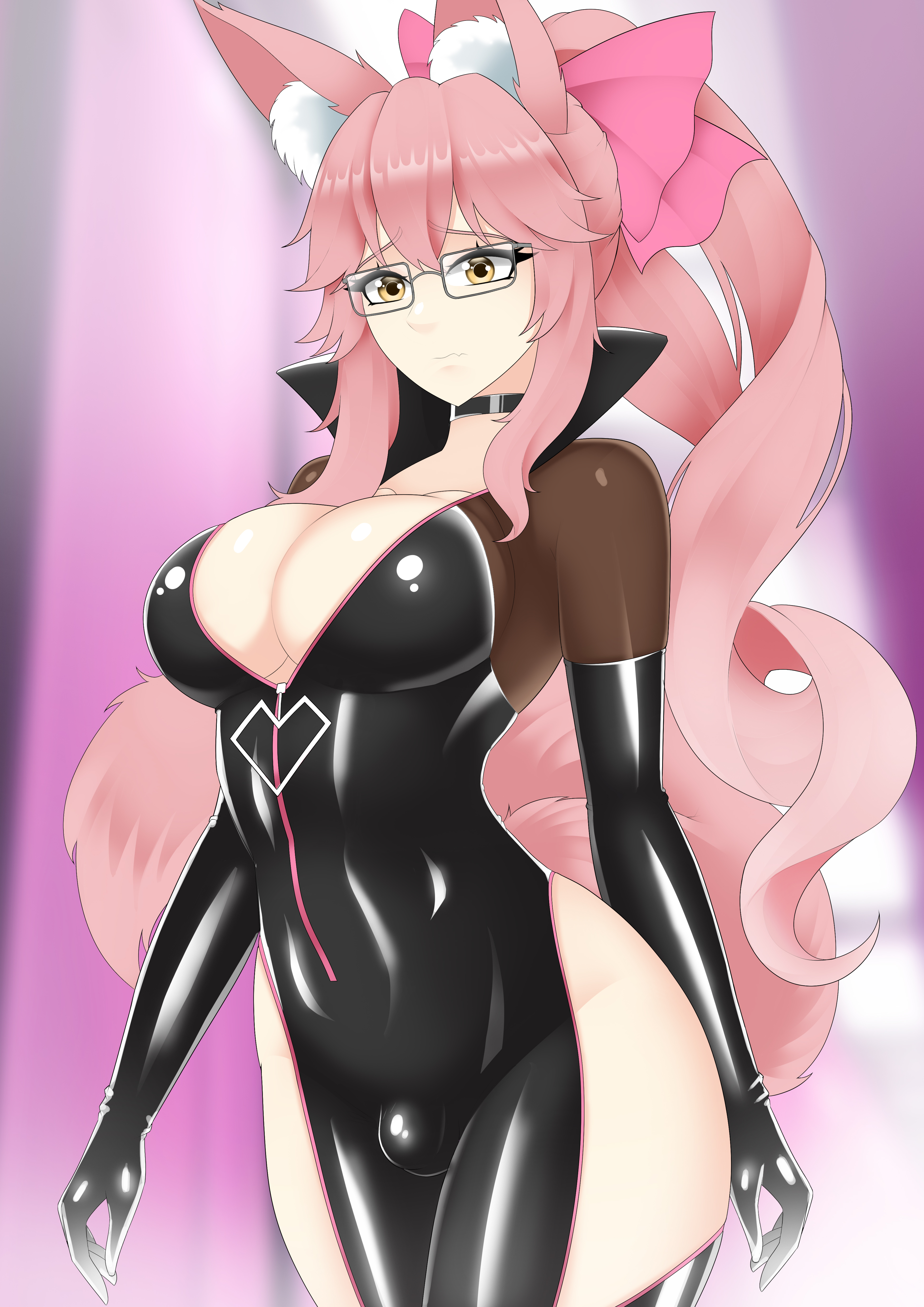 ass, assimilation, breasts, bulge, cat ears, enemy conversion, fake breasts, fate (series), fate/grand order, glasses, jesscatg, koyanskaya (fate), large ass, large breasts, male, pink hair, transformation, twinning, vibrator, vibrator under clothes, yellow eyes