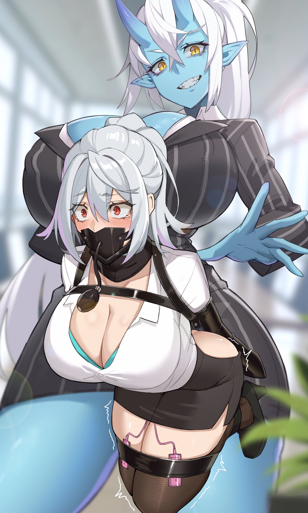 armbinder, ass, blue skin, bondage, bound, breasts, cleavage, demon, demon girl, female, female only, femsub, gag, gagged, horns, inflatable gag, large ass, large breasts, light skin, light-skinned female, office clothing, office lady, oni, oni female, ponytail, pussy, red eyes, tagme, tita, tita (vincent to13), vibrator, vibrator in pussy, vincent to13, visi, visi (amorincorporate), white hair