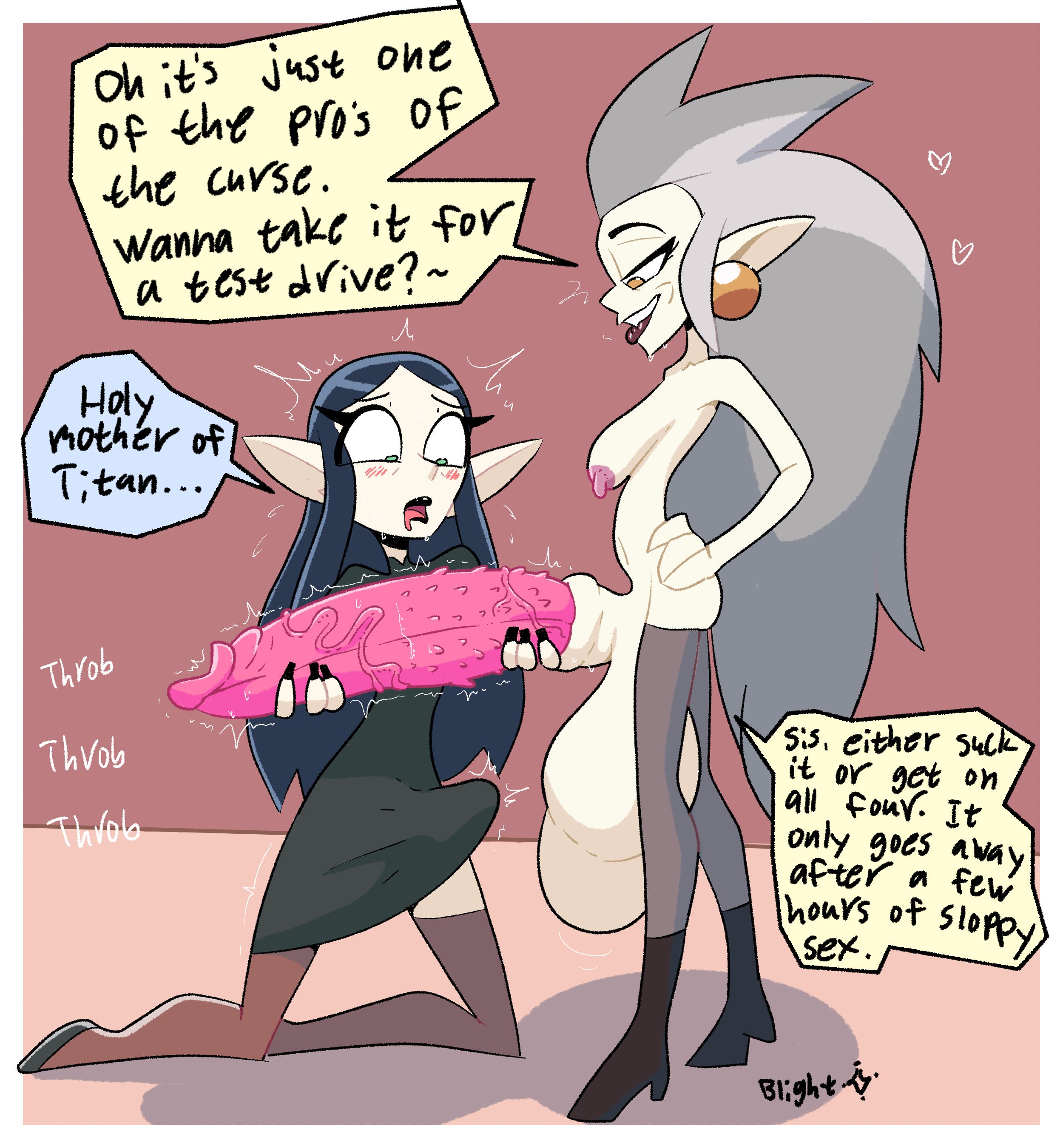 2futas, balls, biting lip, black lipstick, blightstar, blush, boots, both hands on cock, bulge through clothing, bumpy penis, cock worship, dialogue, drooling, earrings, eda clawthorne, english text, erection under clothes, futa on futa, futa only, futanari, grey hair, half-closed eyes, hand on hip, hand on penis, incest, intersex, kneeling, large breasts, lilith clawthorne, looking at penis, massive balls, massive penis, monster cock, open eyes, penis, penis awe, penis size difference, pointy ears, sisters, speech bubble, standing, tagme, text, the owl house, thighhighs, throbbing penis, topless