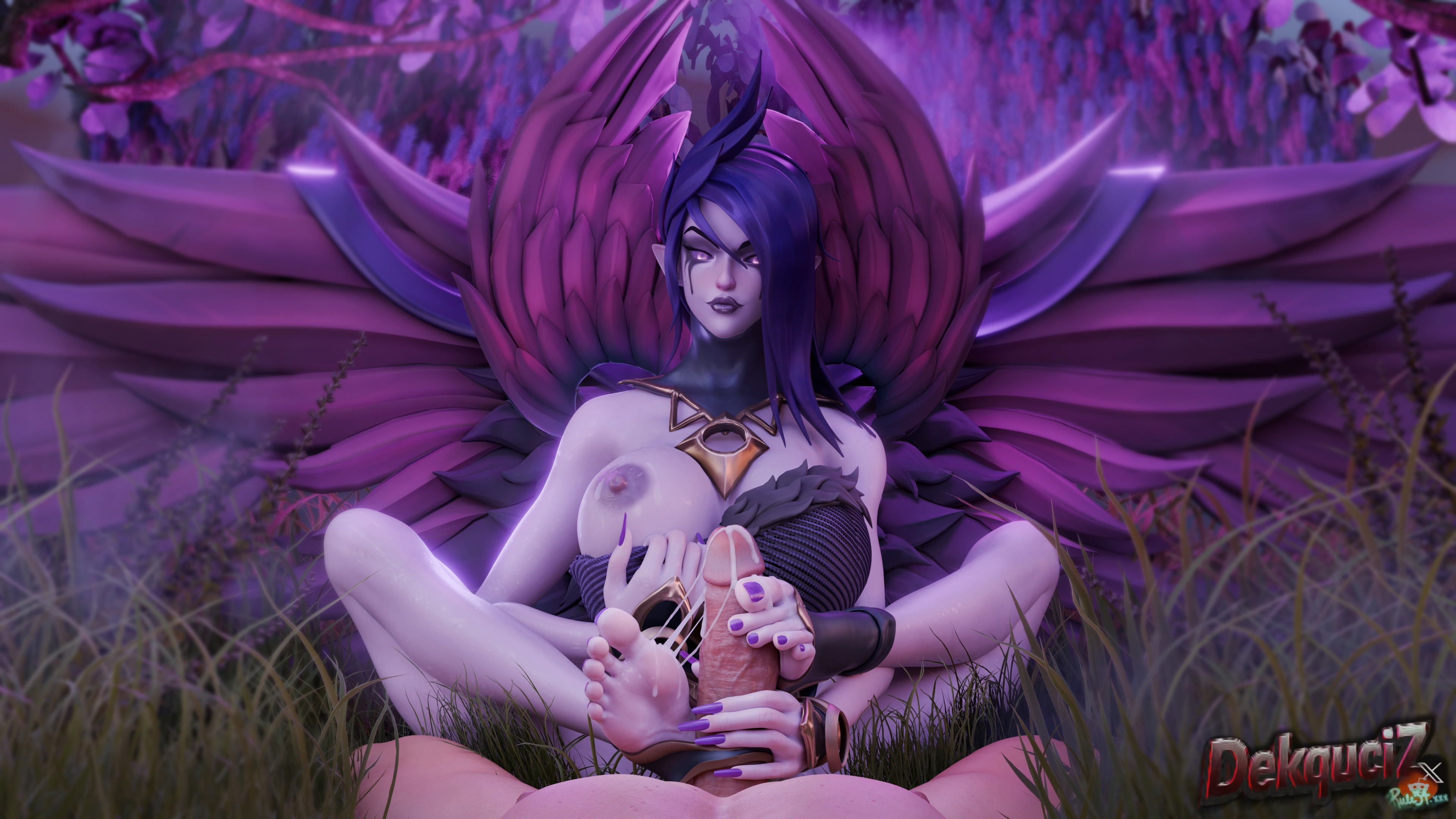 4k, blender, cum, cum on feet, cumshot, cumshot in chest, dekquciz, female, foot focus, foot play, foot worship, footjob, footjob with legwear, footwear, forest, league of legends, morgana, no ai, stirrup legwear