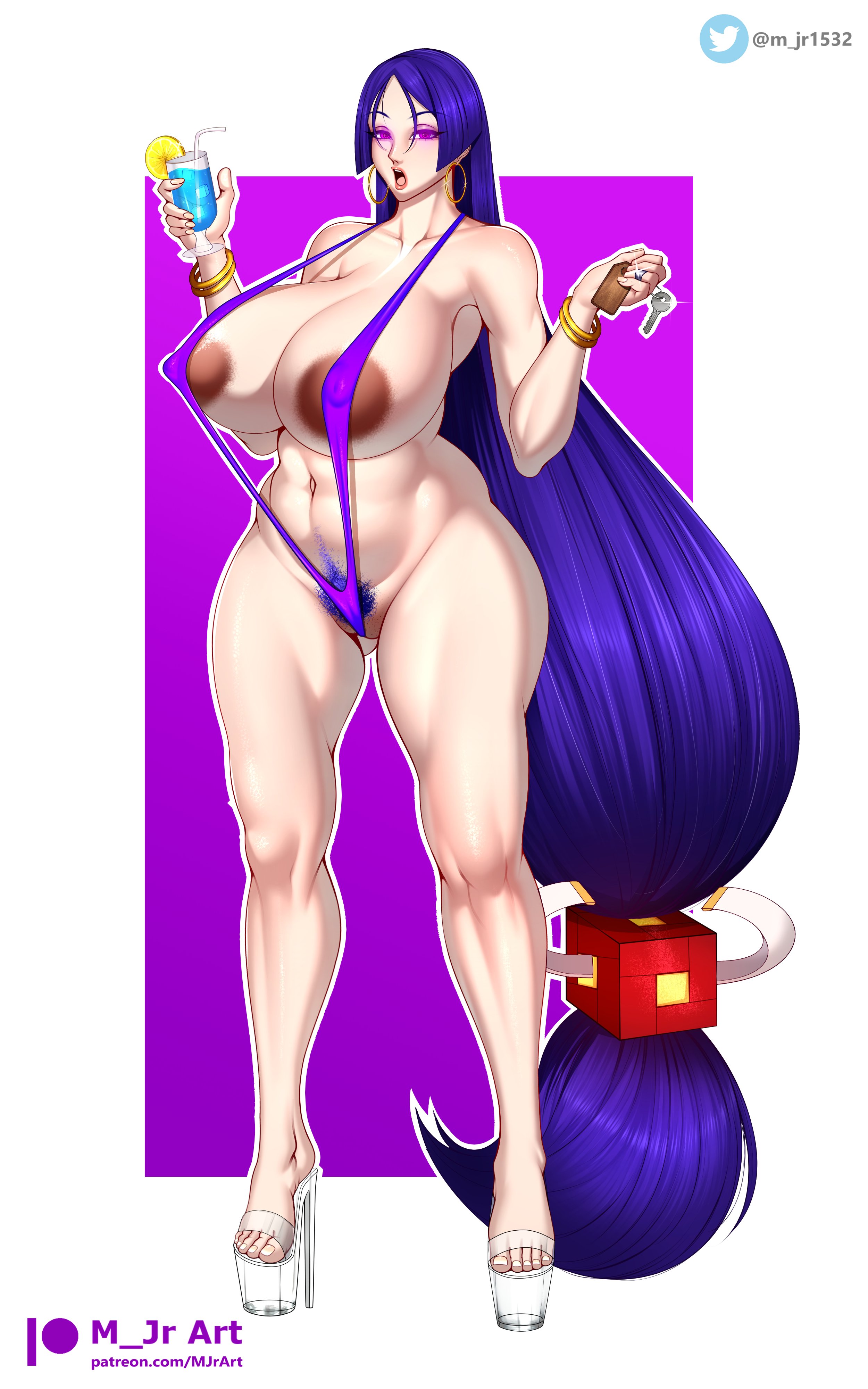bimbo, breasts, female, gigantic breasts, hypnosis, jpg, m jr art, milf, minamoto no raikou (fate/grand order), pubic hair, sling bikini, tagme, twitter link