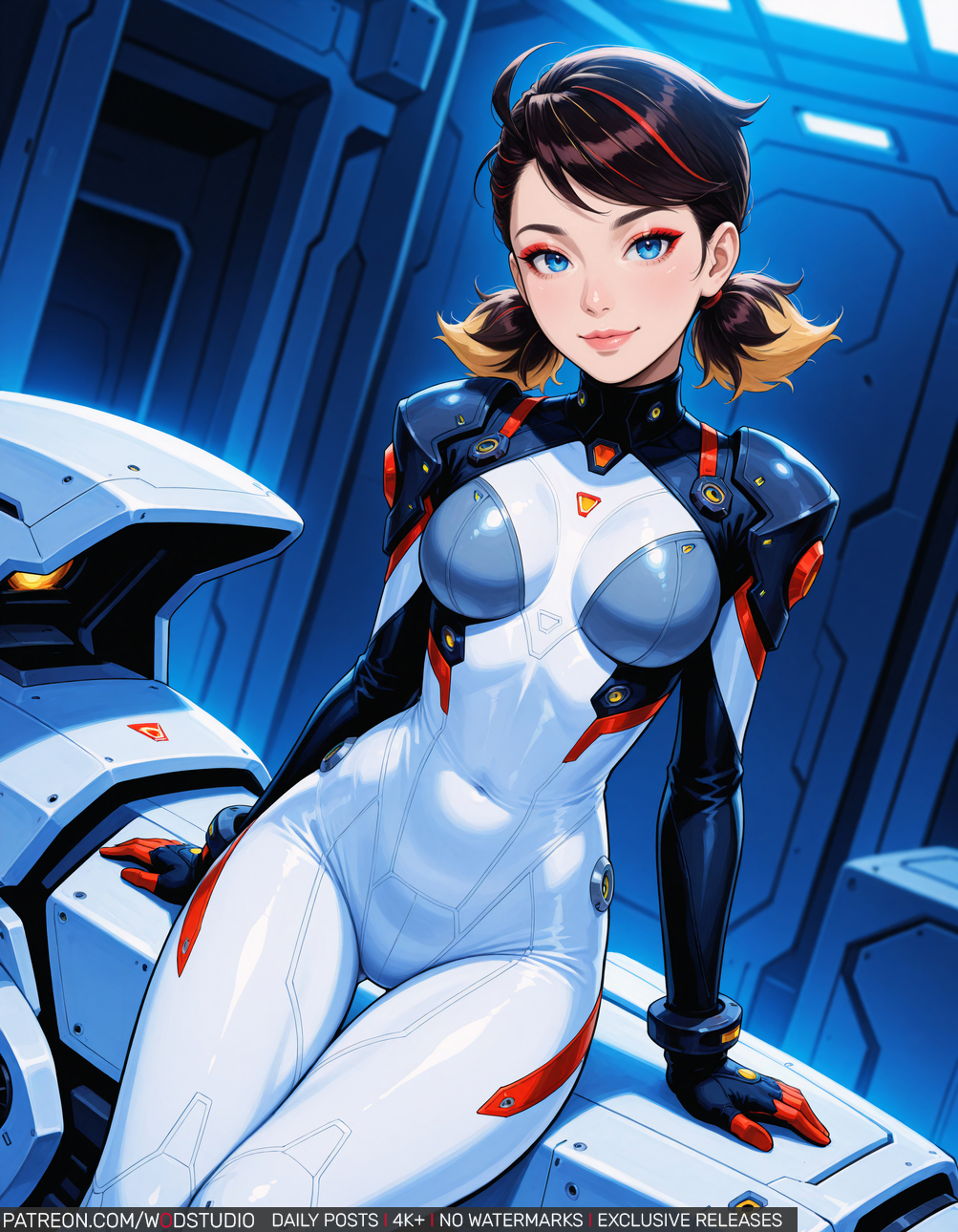 ahoge, ai generated, ai-created, arm support, bangs, blonde hair, blue eyes, bodysuit, breasts, brown hair, closed mouth, clothing, covered navel, eyeshadow, female, female only, gloves, high resolution, lips, looking at viewer, low twintails, makeup, marvel, marvel comics, marvel rivals, medium breasts, motor vehicle, multicolored hair, navel, peni parker, pilot suit, ponytail, red hair, science fiction, shiny, shiny clothes, short hair, short twintails, sitting, skin tight, smile, solo, streaked hair, thigh gap, thighs, tied hair, twintails, two-tone hair, vehicle, wodstudio