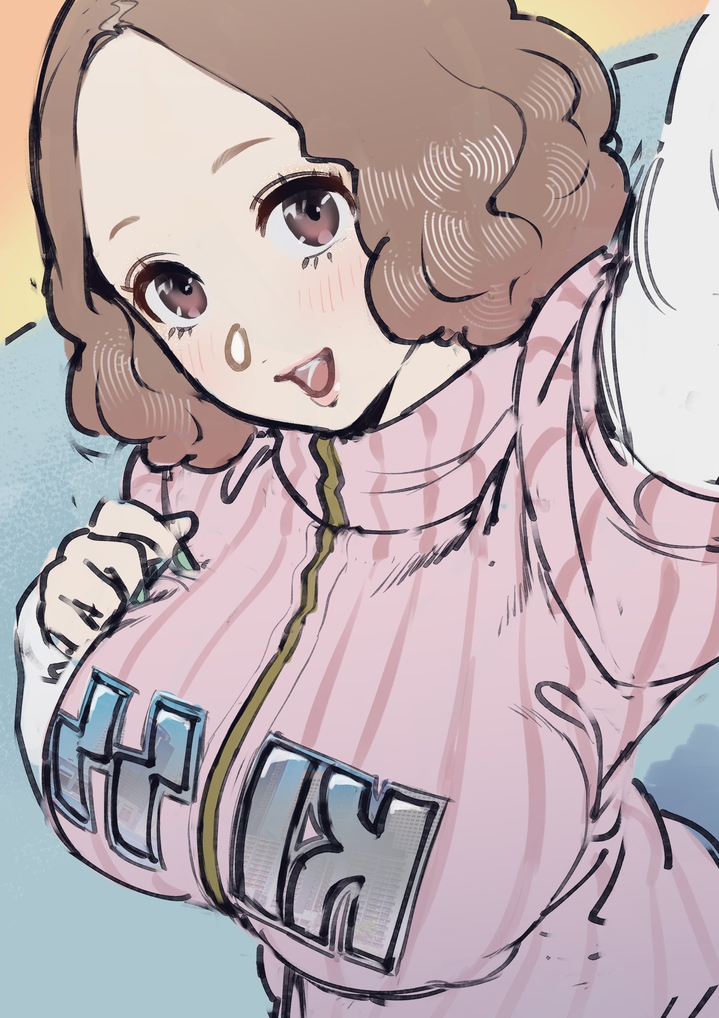 1girls, big breasts, blush, breasts, brown eyes, brown hair, female, female only, forehead, hand on breast, haru okumura, highres, large breasts, looking at viewer, open mouth, parted bangs, persona, persona 5, pink sweater, pink turtleneck, poechan, ribbed sweater, selfie, short hair, smile, solo, sweater, turtleneck