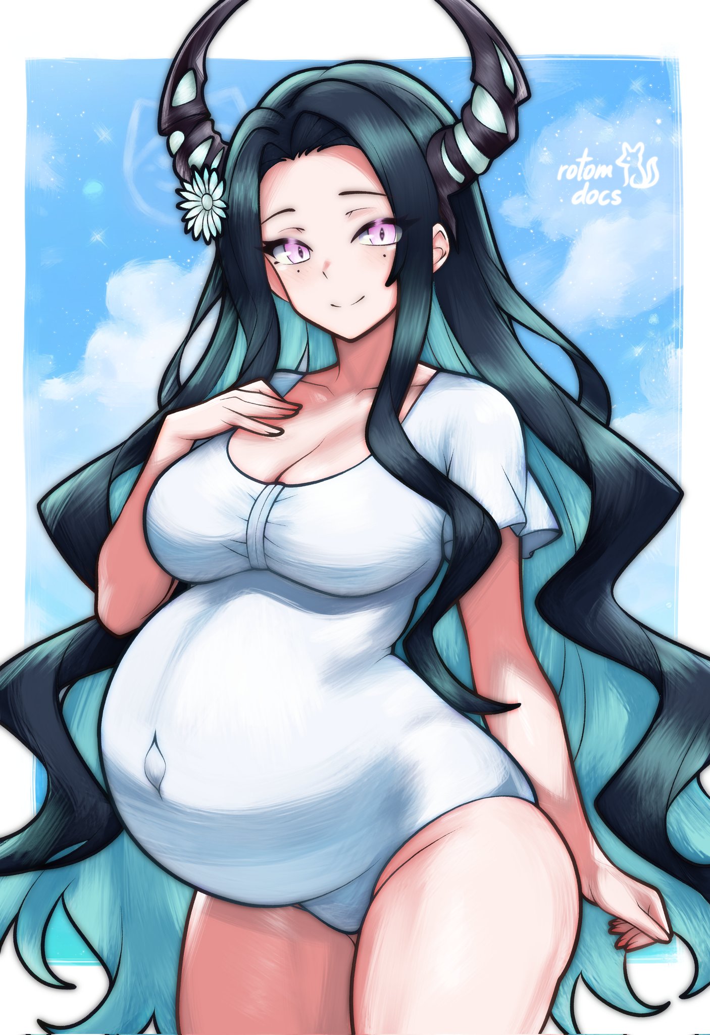 :), 1girls, big breasts, breasts, chest, cleavage, collarbone, cyan hair, female, female only, flower in hair, hand on chest, hand on own chest, hips, hololive, hololive english, hololive english -advent-, horns, light skin, light-skinned female, long hair, looking at viewer, malpha ravencroft, maternity clothes, mole, mole under eye, moles under eyes, navel, navel visible through clothes, one-piece swimsuit, pink eyes, pregnancy, pregnant, pregnant belly, pregnant female, rotomdocs, smile, solo, standing, swimsuit, very long hair, virtual youtuber, waist, white swimsuit