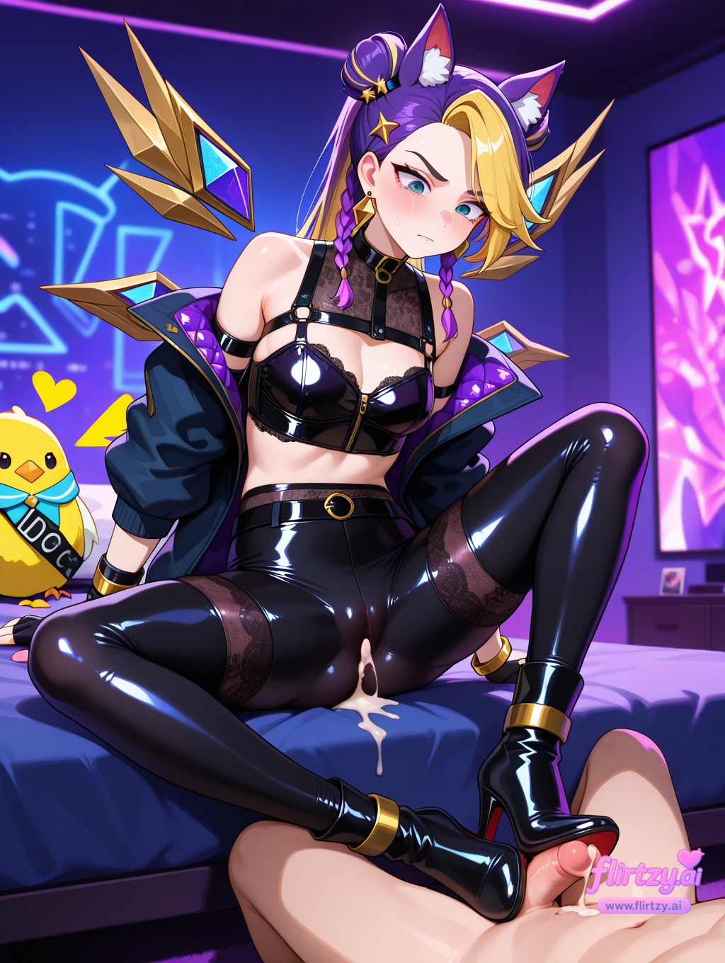 1boy ai_assisted ai_generated animal_ears bare_shoulders blonde_hair blush braid breasts censored crop_top cum cum_on_body cum_on_clothes earrings feet female flirtzy.ai footjob gloves hair_ornament heart high_heels jacket jewelry k/da_(league_of_legends) long_hair medium_breasts midriff multicolored_hair navel off_shoulder open_clothes penis sitting solo_focus star_(symbol) star_hair_ornament straight streaked_hair two-tone_hair