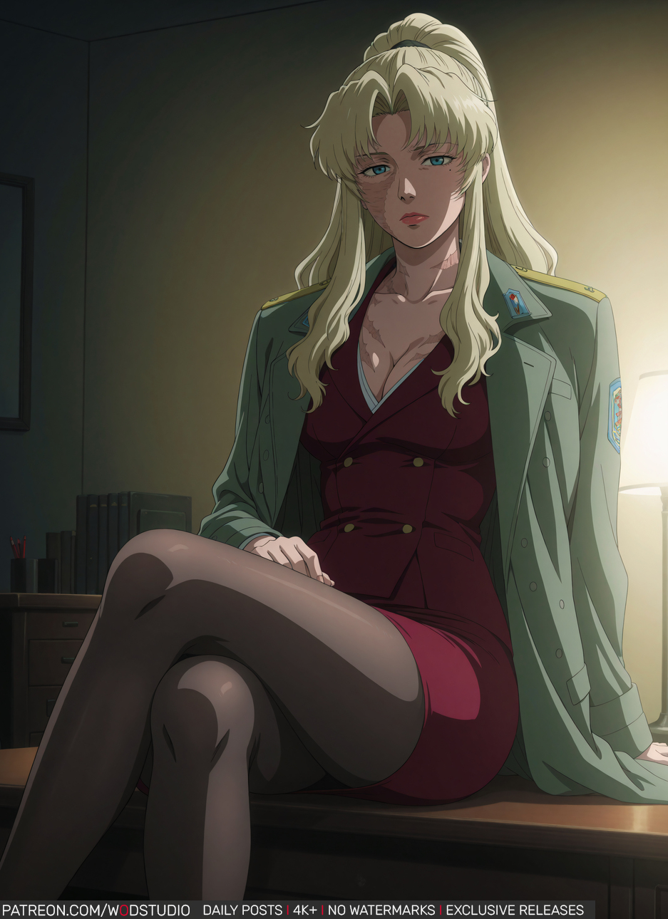 ai-created balalaika bangs black_lagoon black_legwear black_pantyhose blonde_hair blue_eyes breasts burn_scar chair cleavage clothing crossed_legs desk english_language female female female_only formal high_resolution indoors jacket jacket_on_shoulders jewelry large_breasts legwear lips lipstick long_hair long_sleeves looking_at_viewer makeup miniskirt mole mole_under_eye office office_lady on_desk open_clothes pantyhose parted_lips pencil_skirt ponytail scar scar_across_eye scar_on_face shirt sitting skirt skirt_suit solo suit text thighs tied_hair wodstudio
