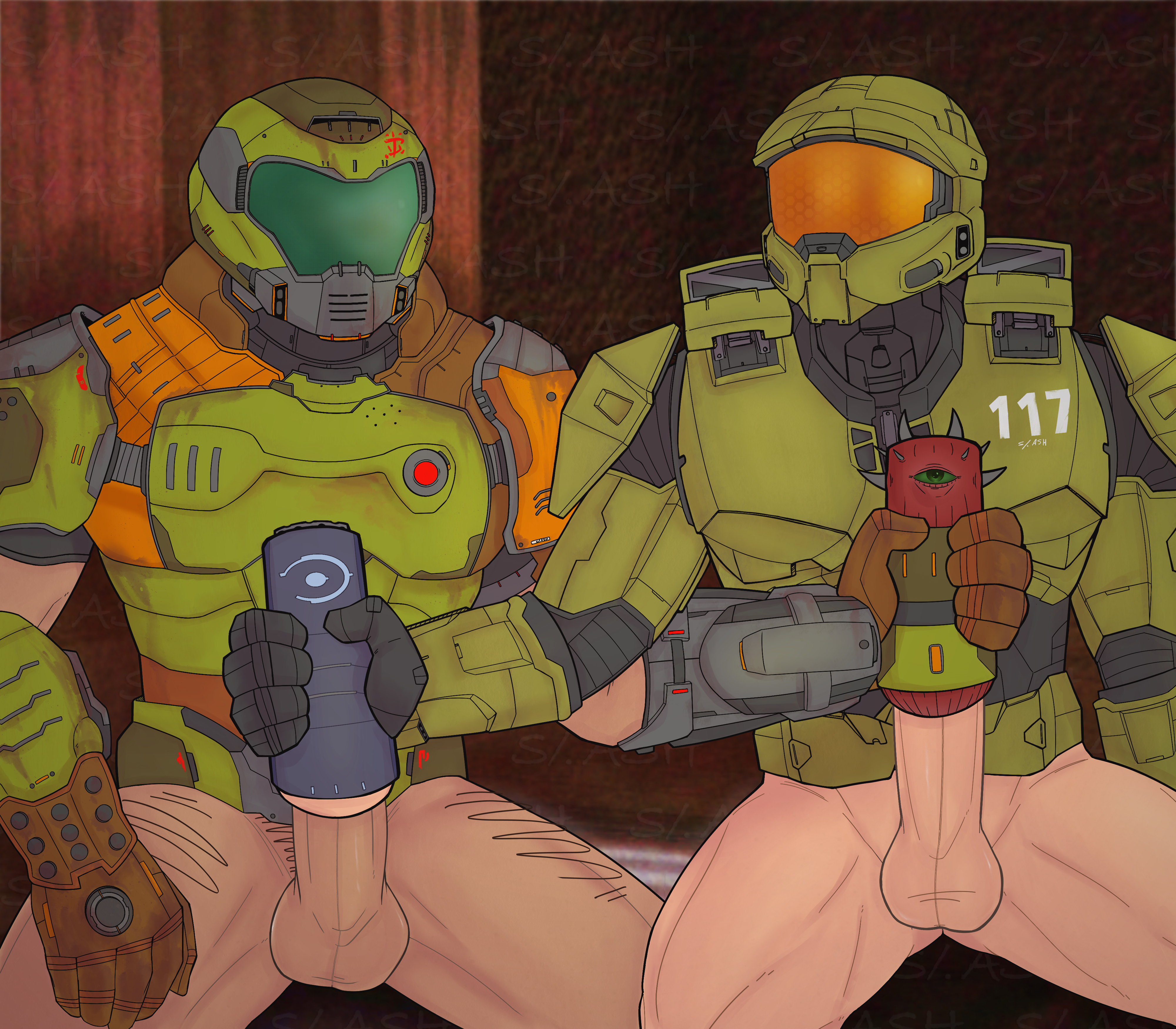 2males, armor, armored male, artificial vagina, balls, balls out, big balls, big penis, boner, bottomless, bottomless male, clothed masturbation, covered face, doom, doom slayer (doom), erect penis, erection, fleshlight, gay, halo (series), handjob, helmet, imminent cumshot, imminent ejaculation, imminent male orgasm, imminent orgasm, indoor masturbation, indoor nudity, jack off buddy, leg hair, male, male focus, male masturbation, male only, male penetrating sex toy, male sex toy, male/male, master chief, masturbating another, masturbating each other, masturbating other, masturbating together, muscular, mutual handjob, mutual masturbation, mutual sex toy handjob, naked from the waist down, nude from the waist down, one-handed masturbation, partially clothed, penetrable sex toy, penile masturbation, penis, penis in sex toy, penis out, sex toy, sex toy handjob, sex toy masturbation, sex toy penetration, spread legs, stiffy, stroking cock, stroking penis