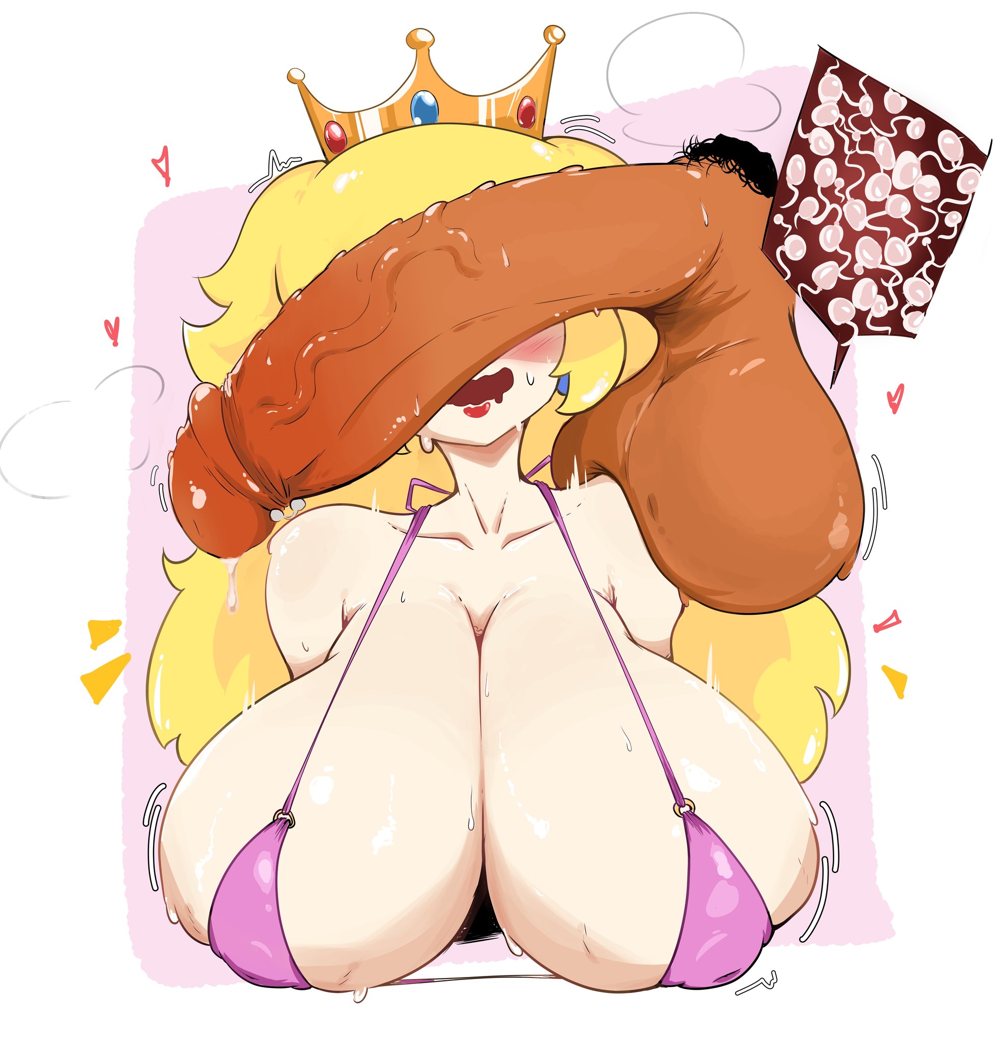 1boy, 1girls, big penis, big thighs, big titties, bikini, breasts, cant see the haters, curvaceous, curvaceous female, curvaceous figure, curvy, curvy figure, curvy hips, female, female focus, long hair, male, mario (series), nintendo, open mouth, penis, princess peach, pubic hair, rukiarts77, super mario bros., yellow hair