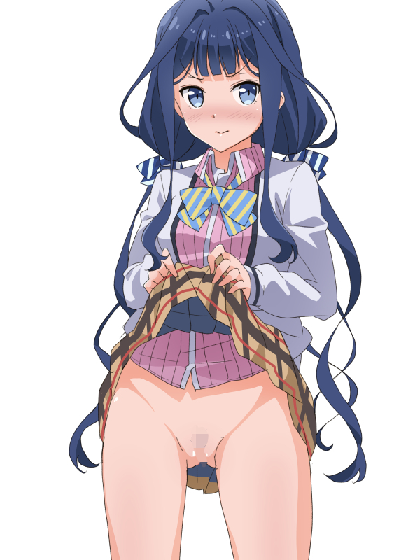 adagaki_aki bangs blue_eyes blue_hair blush censored closed_mouth clothing female female_only flashing front_view hair_ornament lifted_by_self long_hair masamune-kun_no_revenge neck_ribbon no_panties plaid plaid_skirt ribbon school_uniform shaved_pussy simple_background skirt skirt_lift solo standing thighs white_background