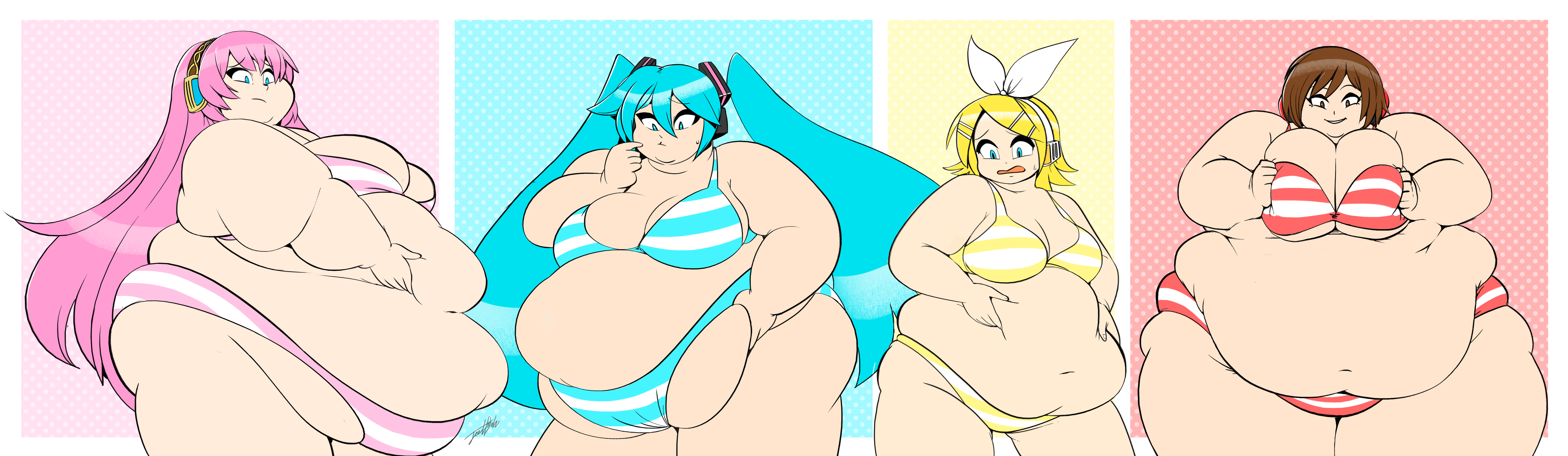 4girls, aqua hair, bbw, belly grab, big belly, bikini, blonde hair, blue eyes, blue hair, breasts, brown eyes, brown hair, brunette hair, fat, fat belly, fat man, fat rolls, female, female only, hair ornament, hair ribbon, hairclip, hatsune miku, jeetdoh, kagamine rin, large belly, large breasts, light skin, light-skinned female, long hair, megurine luka, meiko, morbidly obese, morbidly obese female, multiple girls, navel, obese, obese female, pink hair, plump, short hair, smile, source deleted, squeezing breast, striped, striped bikini, swimsuit, thick arms, thick thighs, thighs, twintails, very long hair, vocaloid, yellow hair