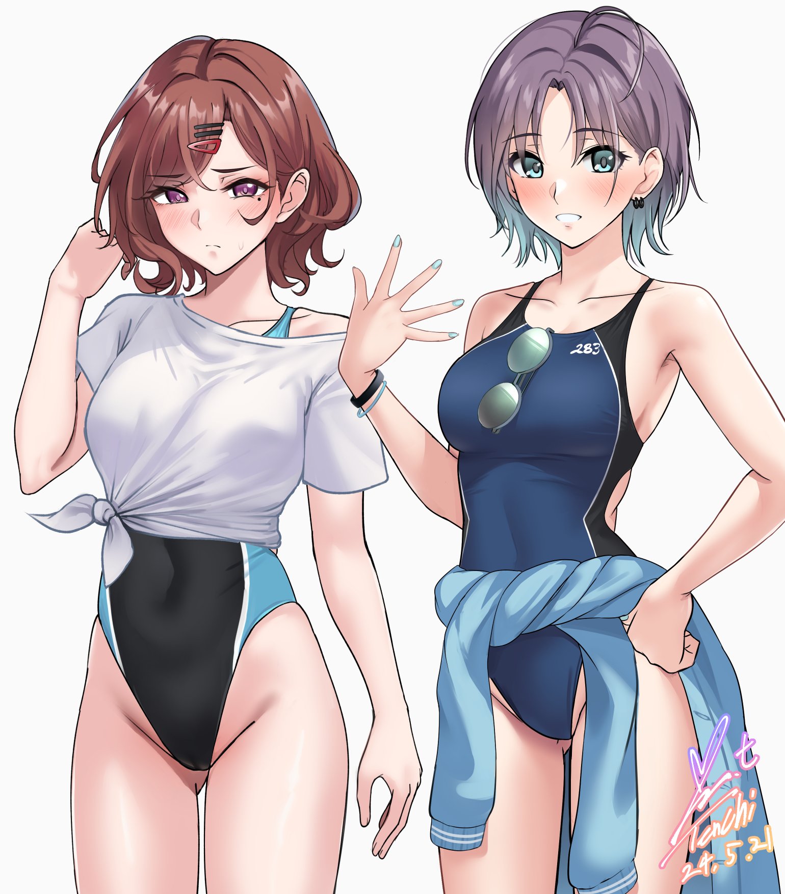 ahoge, aqua nails, armpits, asakura toru, ass visible through thighs, bare arms, bare legs, bare shoulders, bare thighs, black one-piece swimsuit, blue eyes, blue one-piece swimsuit, blush, bracelet, breasts, brown hair, closed mouth, collarbone, competition swimsuit, earrings, female, gradient hair, hairpin, highleg swimsuit, higuchi madoka, idolmaster, idolmaster shiny colors, medium breasts, mole, mole under eye, multicolored hair, nail polish, one-piece swimsuit, parted lips, purple eyes, purple hair, shirt, short hair, short sleeves, sideboob, smile, swimsuit under clothes, thighs, white shirt, yoo tenchi