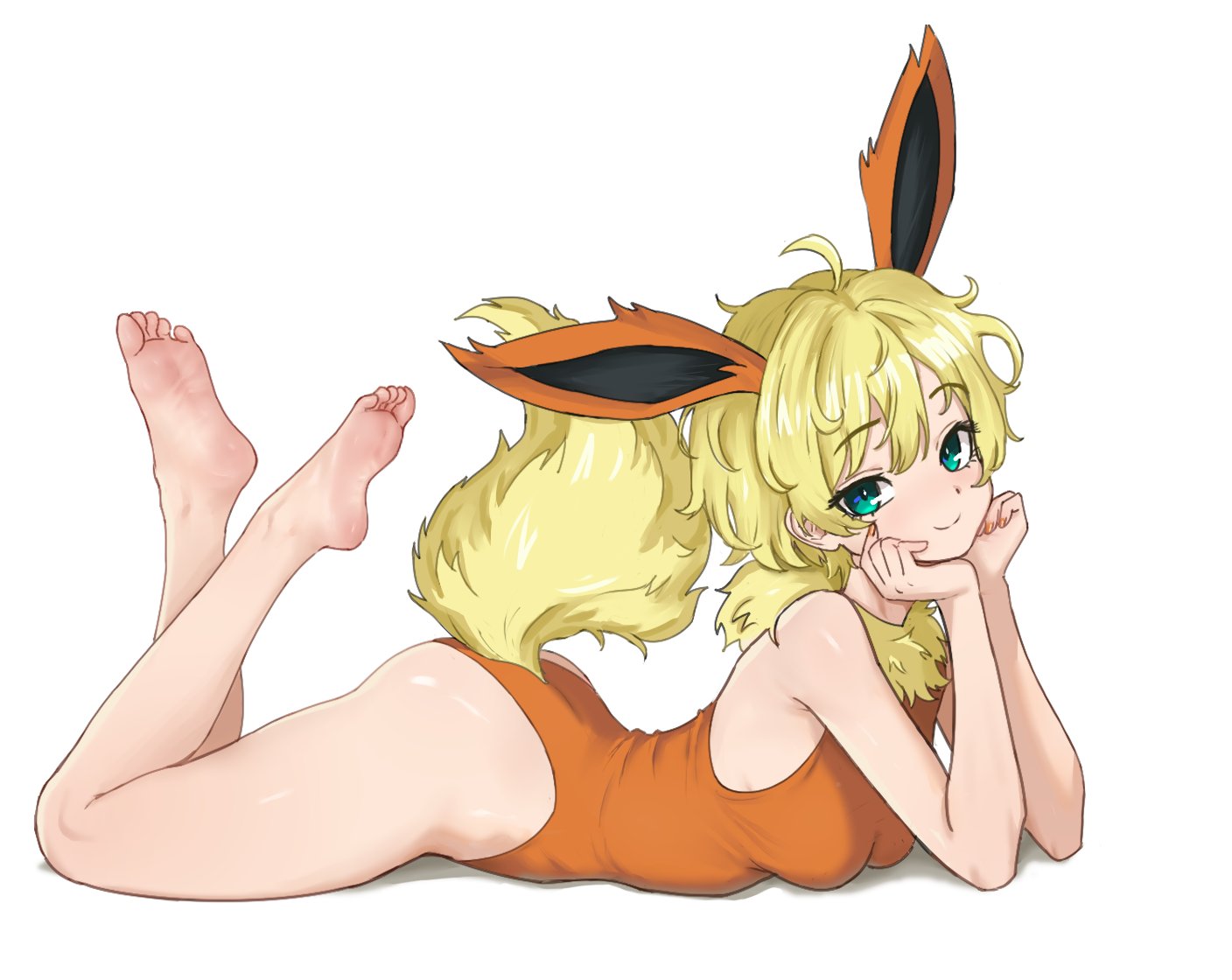 animal ears, barefoot, blonde hair, blue eyes, feet, female, flareon, gen 1 pokemon, gijinka, humanization, leotard, looking at viewer, lying, medium hair, nihu, nintendo, on stomach, pokemon, smile, soles, tail, the pose, toes