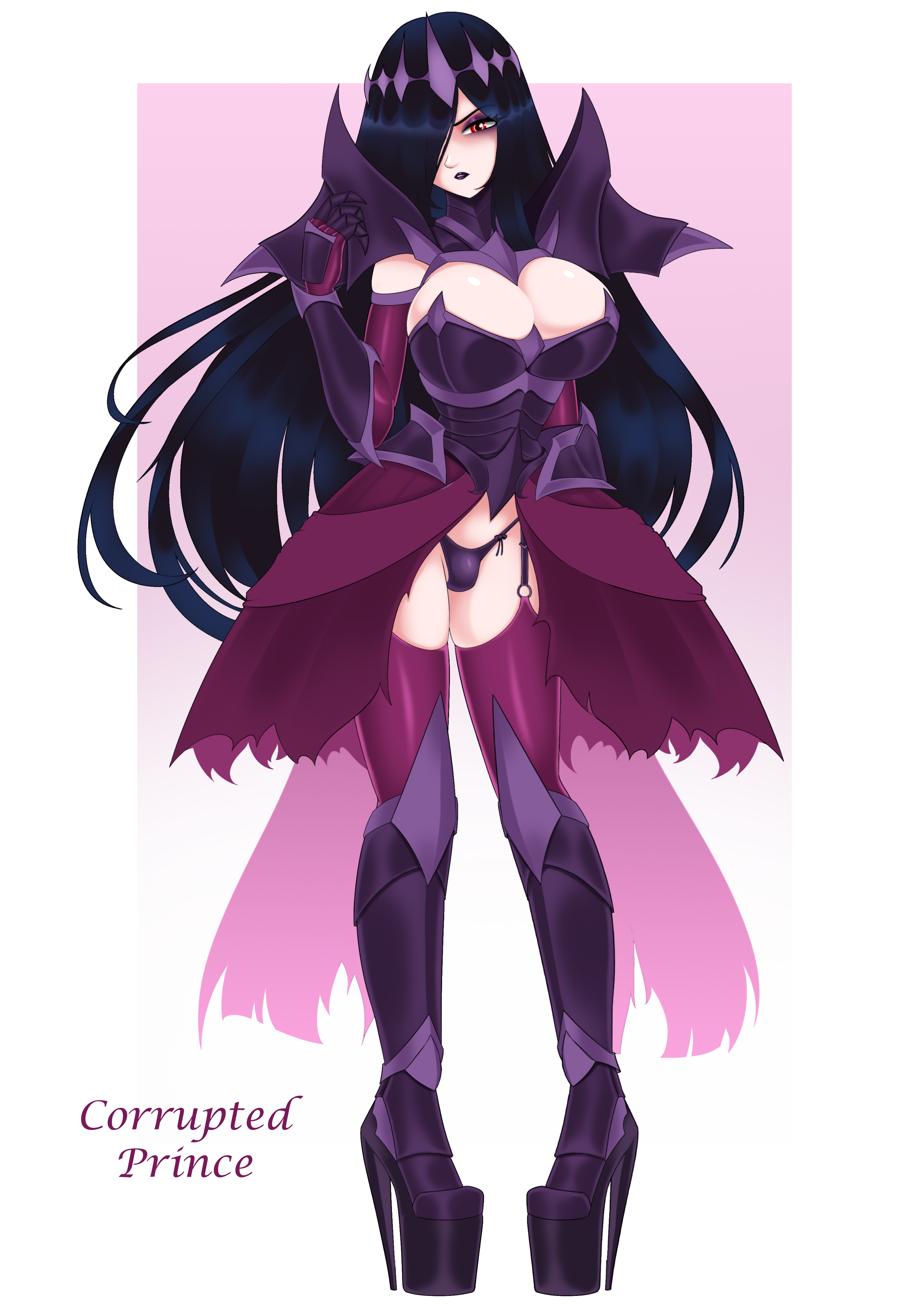 breasts, chastity, chastity cage, cleavage, eyeshadow, female, goth (jesscatg), goth futa, high heels, jesscatg, large breasts, lipstick, makeup, platform heels, purple eyeshadow, purple lipstick, purple makeup, sissy, sissyfication, stockings, thighhighs, trans, trans woman, transformation, wide hips