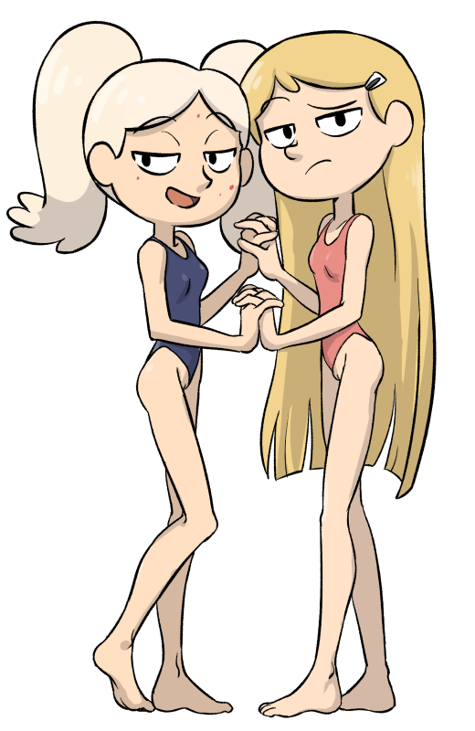 2girls, breasts, centinel303, female, holding hands, kelly (hilda), looking at viewer, marra, mostly clothed, one-piece swimsuit, pussy, pussy lips, pussy peek, small breasts, swimsuit aside