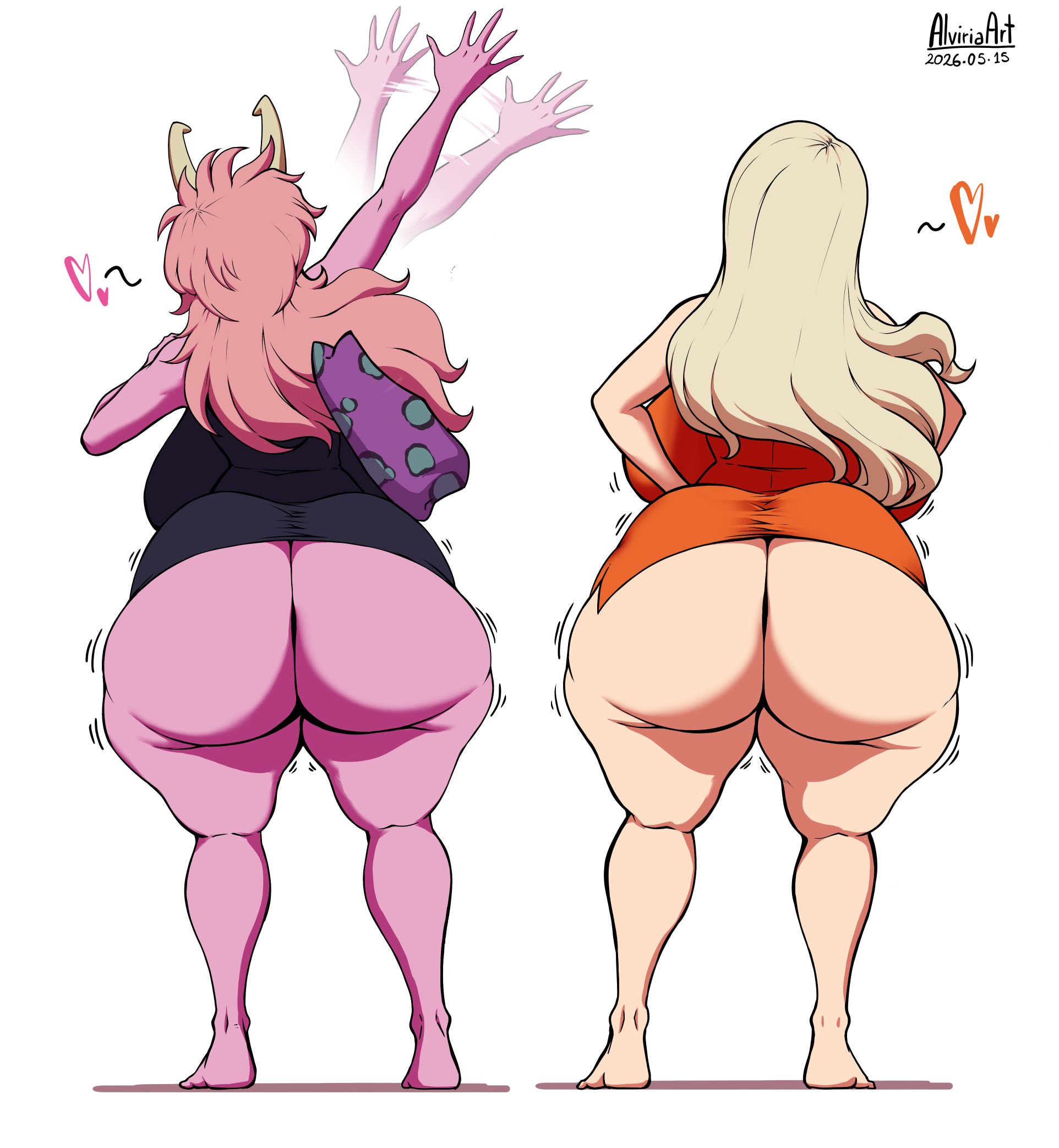 2girls, alviriaart, ass, ass focus, barefoot, big ass, big breasts, blonde hair, breasts, bubble butt, busty, clothing, fat ass, female, female only, gluteal fold, handbag, huge ass, huge breasts, large ass, large breasts, massive ass, mina ashido, mina ashido time-skip, mount lady, my hero academia, my hero academia (finale), no panties, pink hair, pink skin, post-timeskip, rear view, takeyama yuu, thick ass, thick thighs, thunder thighs, waving, wide hips, yuu takeyama