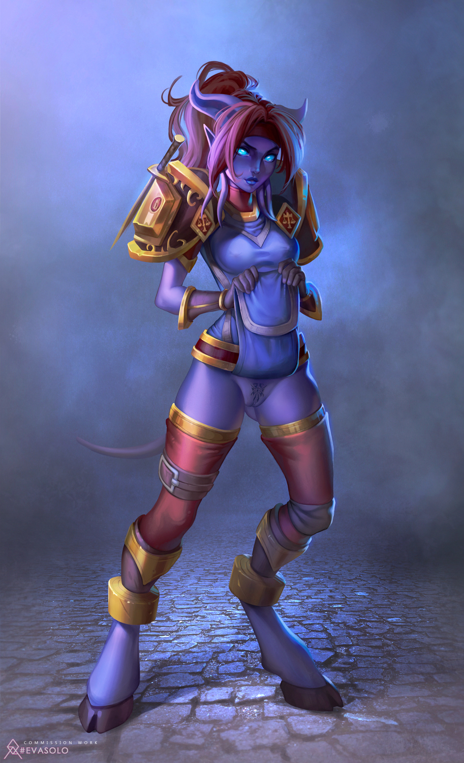 armor blue_eyes draenei evasolo female flashing hair hooves horn humanoid invalid_tag long_hair looking_at_viewer pubes purple_skin pussy solo tabard tendrils video_games warcraft world_of_warcraft