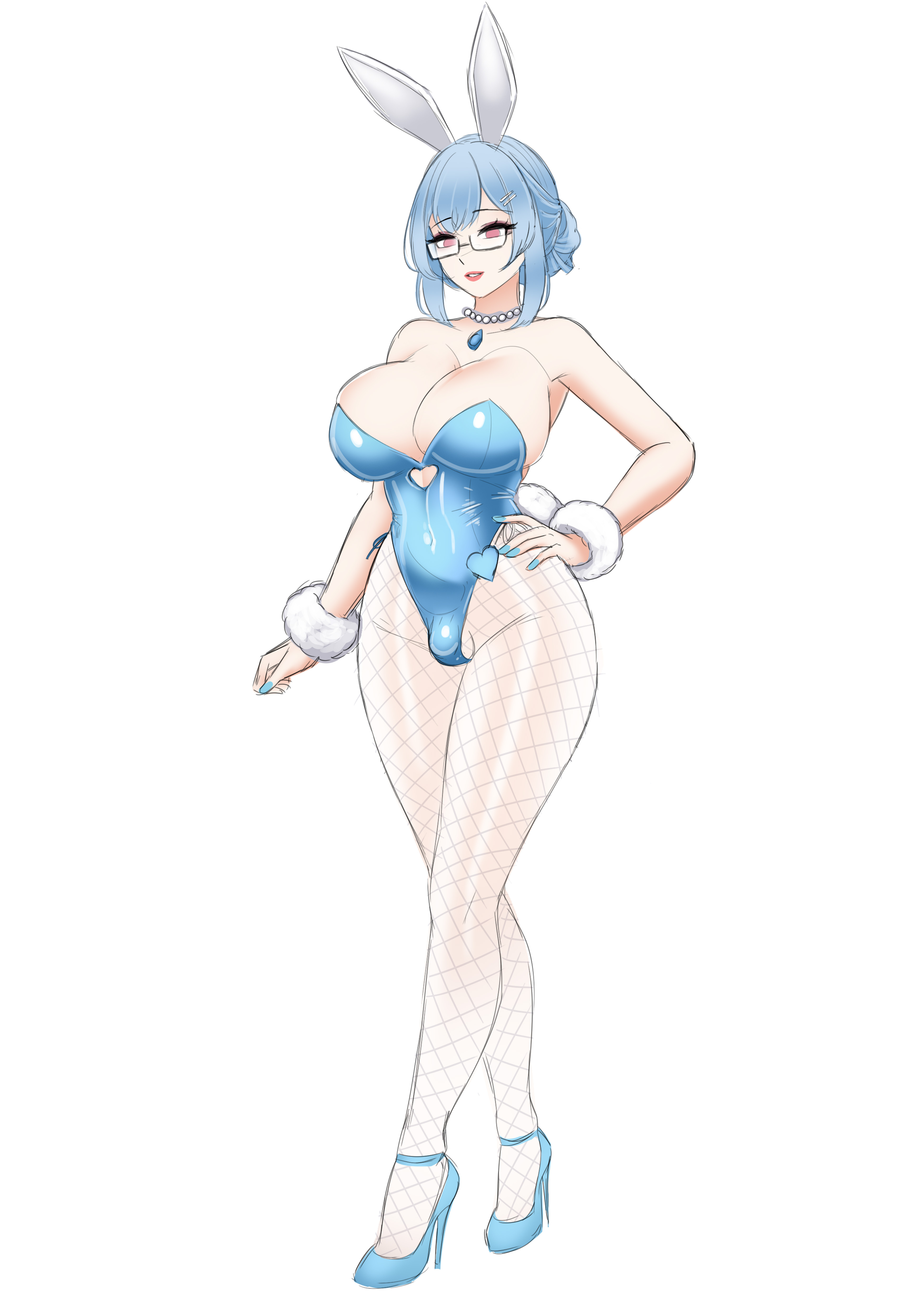 blue hair, breasts, bunnysuit, chastity, chastity cage, cleavage, fake breasts, fishnets, high heels, jesscatg, large breasts, looking at viewer, male, mom (jesscatg), nail polish, painted fingernails, painted nails, pink eyes, shiny clothes, sissy, sissyfication, solo, transformation, trap, wide hips