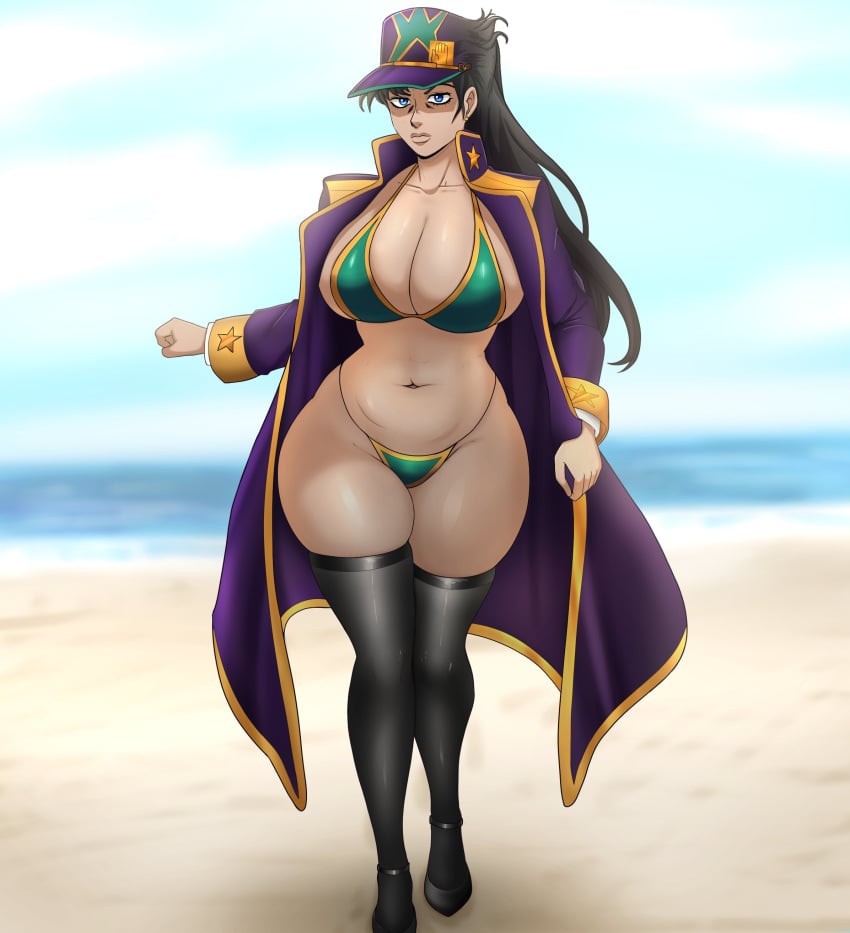 ass, beach, big ass, big breasts, big butt, big thighs, bikini, breasts, cloak, female, hat, jojo's bizarre adventure, jotaro kujo, purple clothing, rule 63, sand, seaside, stone ocean, thick ass, thick thighs, thighhighs