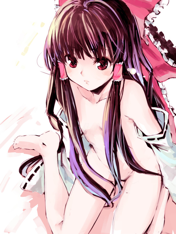 barefoot bow brown_hair detached_sleeves female female_only flat_chest hairband hairbow human japanese_clothes kusanagi_kikoku long_hair miko nude red_eyes reimu_hakurei sitting solo tied_hair touhou twintails wariza