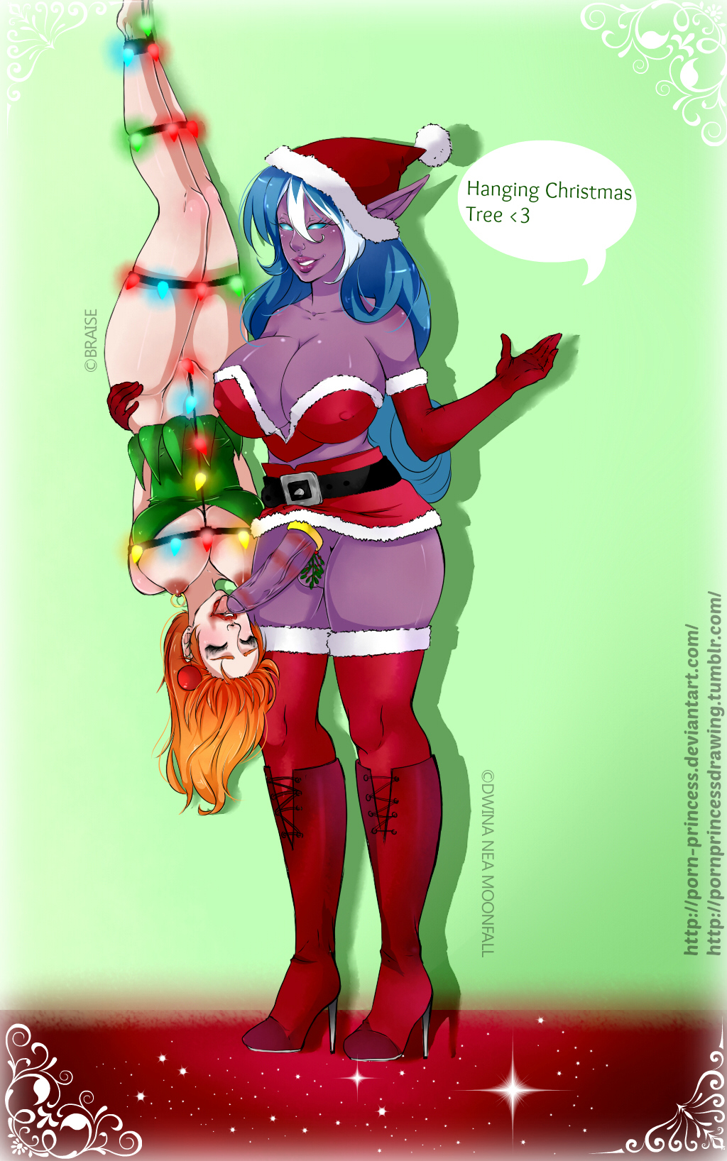 1futa 1girls belt blue_eyes blue_hair boots braise breasts christmas cleavage closed_eyes cock_ring dickgirl dress dwina_nea_moonfall elf erect_nipples fellatio female femsub foreskin futa_on_female futanari hair hat headgear high_heels intersex large_breasts licking lipstick_mark lipstick_on_penis long_hair mistletoe night_elf nipple_piercing nipples no_panties open_mouth oral orange_hair penis piercing pointy_ears porn-princess purple_skin santa_hat semi-erect skirt standing suspension testicles thighhighs tongue tongue_out upside-down world_of_warcraft