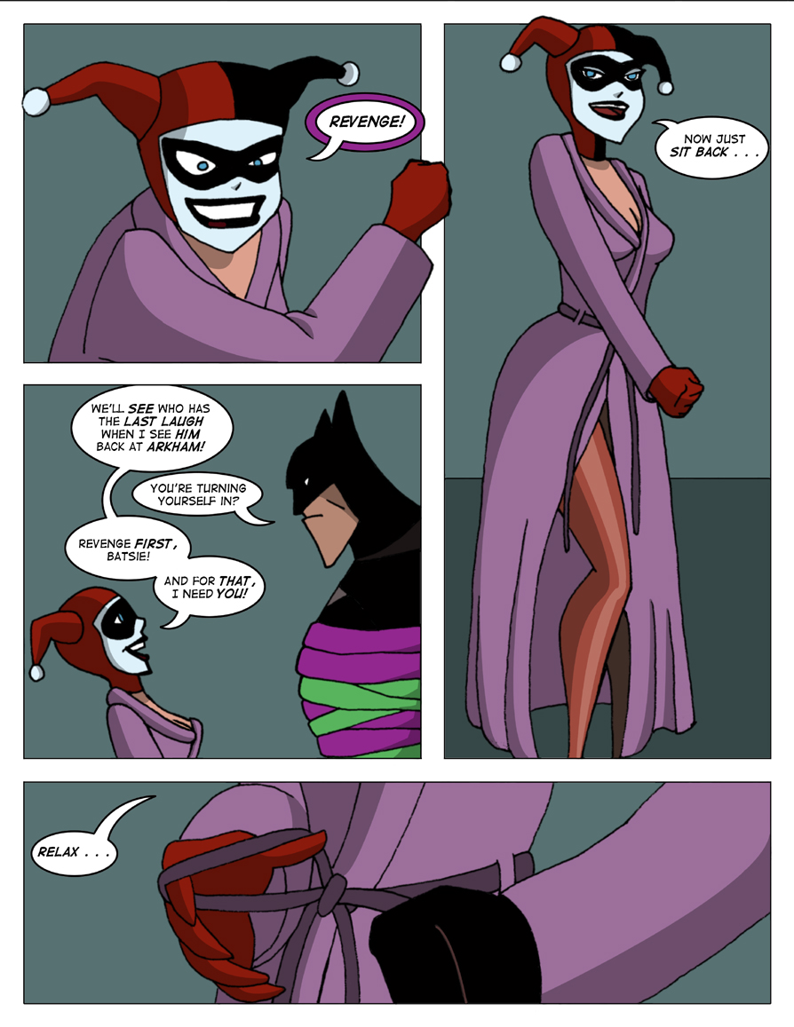 1boy 1girls batman batman:_the_animated_series batman_(series) comic dc_comics dcau dialogue female fool_me_once great_scott harley_quinn harley_quinn_(classic) male robe sharpie_(artist) speech_bubble stockings the_new_batman_adventures undressing