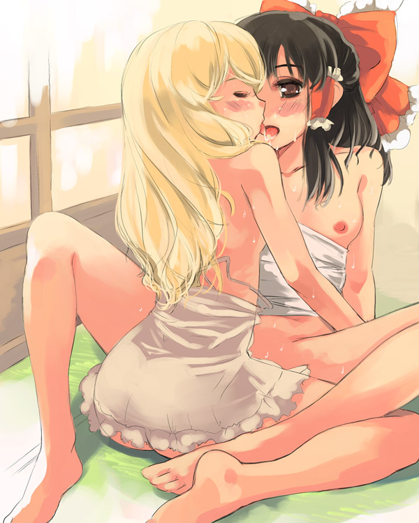 2girls barefoot blush breasts feet female human kfc kissing lingerie marisa_kirisame multiple_girls mutual_yuri nightgown nipples reimu_hakurei saliva topless touhou underwear yuri yuu_(kfc)