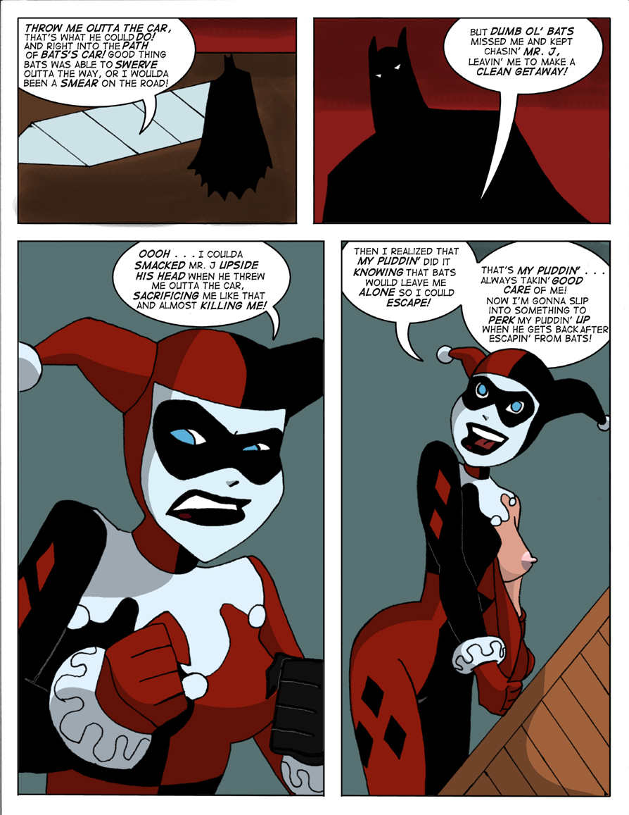 1boy 1girls batman batman:_the_animated_series batman_(series) black_lipstick breasts comic dc_comics dcau erect_nipple female fool_me_once great_scott harley_quinn harley_quinn_(classic) male nipple pink_nipples red_sky sharpie_(artist) silhouette speech_bubble stripping the_new_batman_adventures