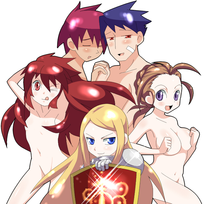 2boys 3girls aobe blonde_hair blue_eyes blue_hair breasts brown_hair etrian_odyssey female flat_chest landsknecht long_hair male medium_breasts nude open_mouth paladin_(sekaiju) protector purple_eyes red_eyes red_hair sekaiju_no_meikyuu shield smile swordsman_(sekaiju) tareme tongue tsurime