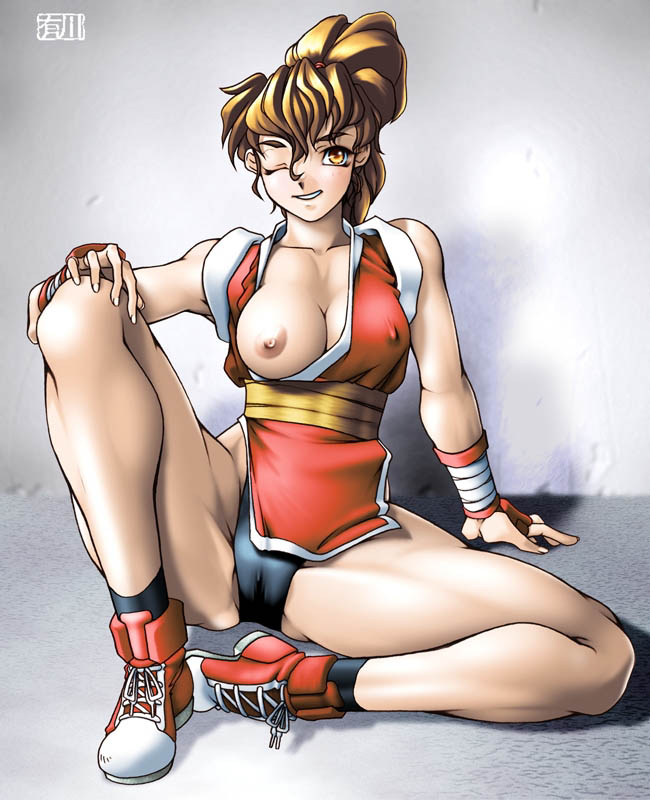 arikawa breasts capcom final_fight fingerless_gloves large_breasts maki_genryusai one_breast_out shoes sneakers tagme