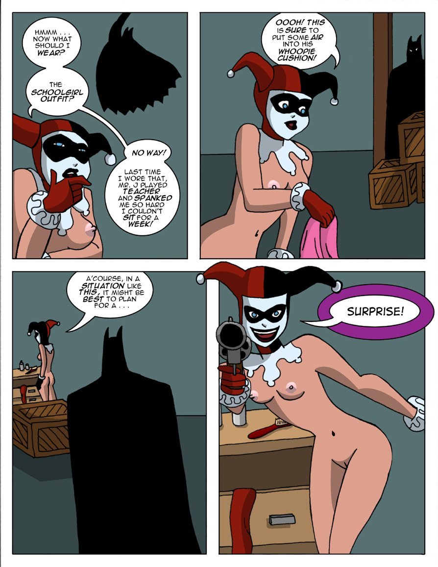 1boy 1girls batman batman:_the_animated_series batman_(series) black_lipstick breasts casual comic dc_comics dcau female firearm fool_me_once great_scott gun handgun handwear harley_quinn harley_quinn_(classic) headwear light-skinned_female light_skin male nipples nude pink_nipples pussy revolver sharpie_(artist) silhouette speech_bubble straight the_new_batman_adventures weapon