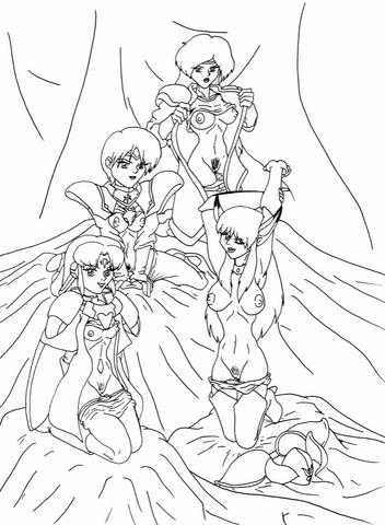 4girls alys_brangwin animal_ears armor black_and_white breasts clothing demi drawing fal_(phantasy_star_iv) female kyle_twilight kyra_tierney long_hair multiple_girls phantasy_star phantasy_star_iv pussy rika_ashley sega short_hair