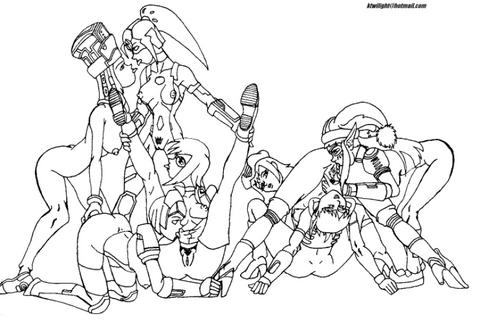 6+girls 7girls android black_and_white breasts elenor_camuel female fomarl fonewearl hucaseal hunewearl kyle_twilight open_mouth phantasy_star phantasy_star_online pussy racaseal ramarl rico_tyrell robot_girl sega spread_legs vagina yuri