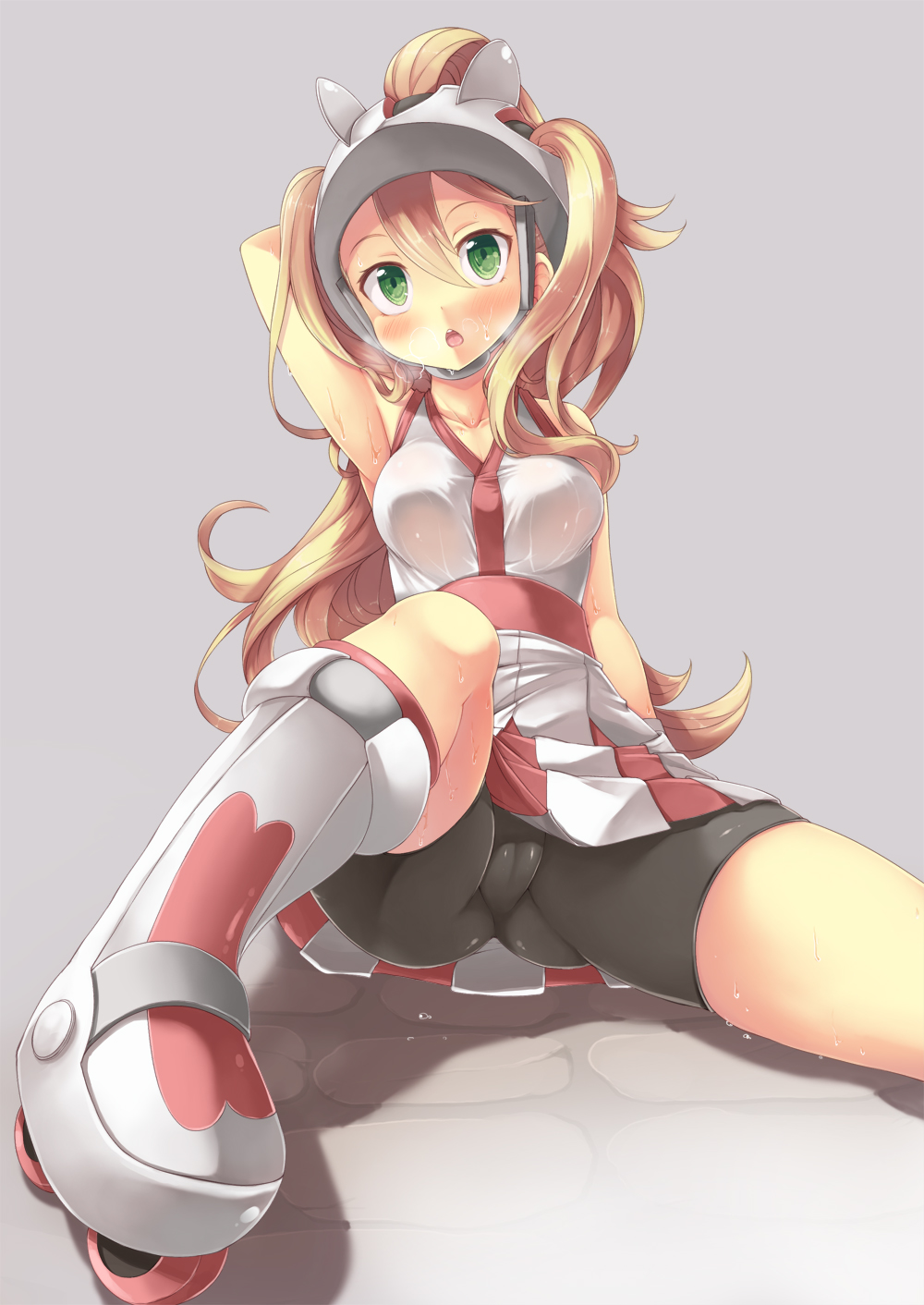 1girls, alternate breast size, armpits, big breasts, blonde hair, blush, breasts, cameltoe, female, female only, green eyes, korrina (pokemon), large breasts, legs, long hair, pokemon, pokemon xy, pussy, shorts, simple background, sitting, skates, snowcanvas, solo, sweat