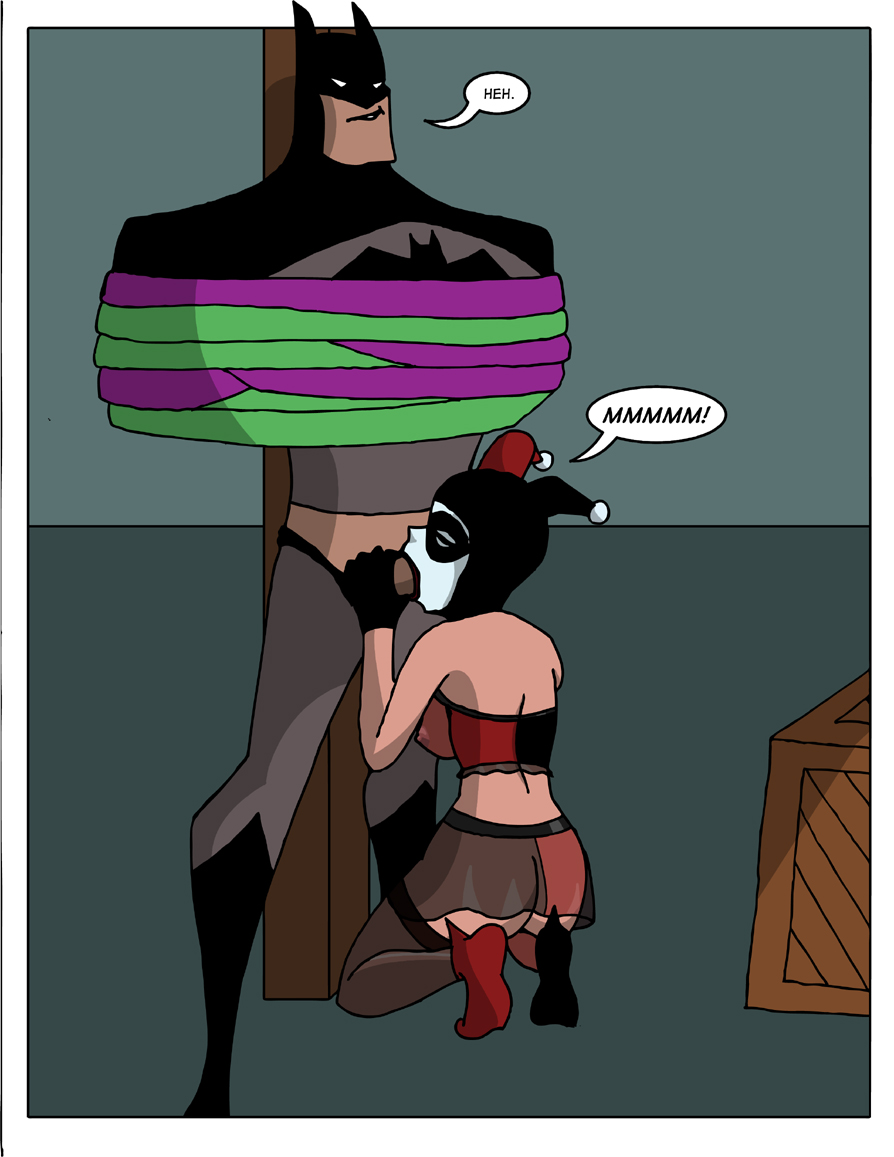 1boy 1girls ass batman batman:_the_animated_series batman_(series) blowjob comic dc_comics dcau dialogue fellatio female femdom fool_me_once great_scott harley_quinn harley_quinn_(classic) kneeling lingerie male oral see-through_clothing sharpie_(artist) speech_bubble stockings straight the_new_batman_adventures tied_up