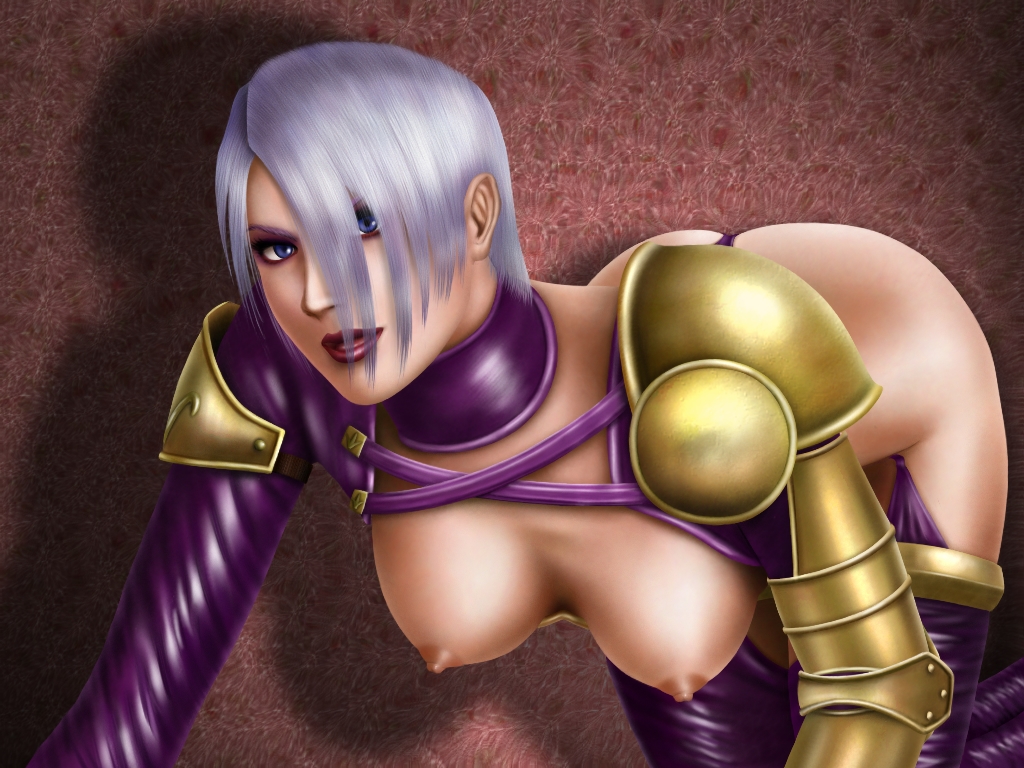 all_fours ass blue_eyes breasts female female_only hair_over_one_eye isabella_valentine large_breasts looking_at_viewer nipples no_bra purple_hair raku_soukutsu solo soul_calibur yuchan_(rakugaki_no_soukutsu)